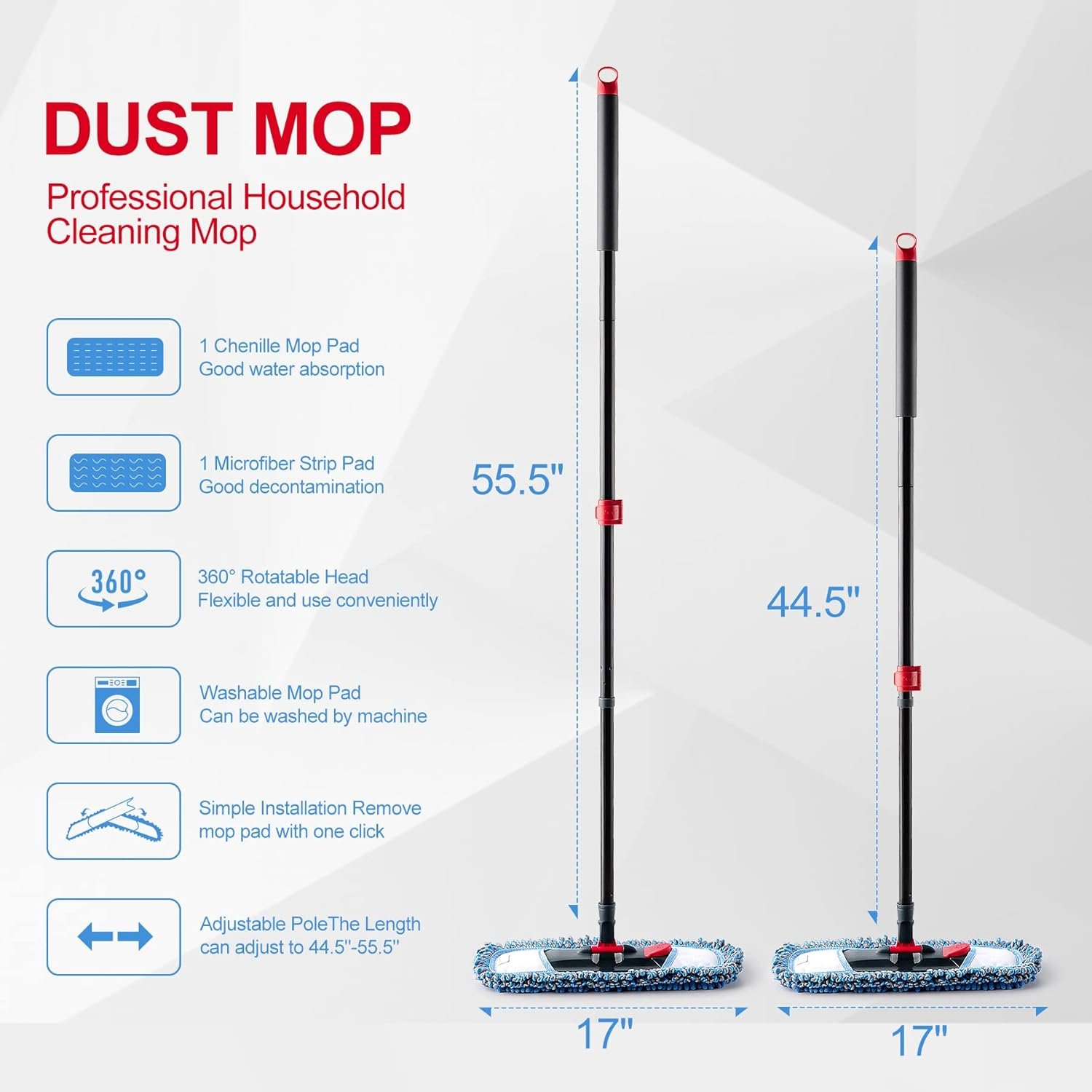 Dust Mop for Floor Cleaning Microfiber Professional Dry & Wet Flat Mops for Tile Floors with a Extra Chenille Refill Mopping Pad for Hardwood,Tile,Marble Floor - Image 6