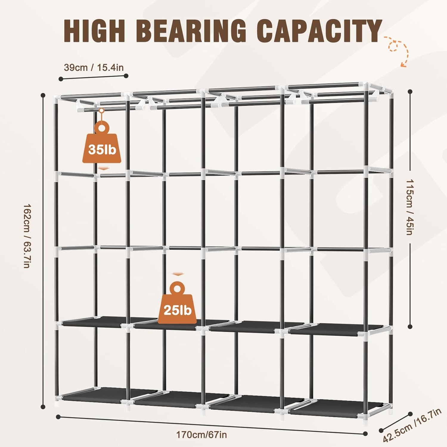 Wardrobe Closet, 66 Inch Portable Closet for Hanging Clothes, Large Capacity Clothes Rack Organizer with Cover & 4 Hanging Rods & 8 Storage Shelves & 2 Side Pockets (Black) - Image 4