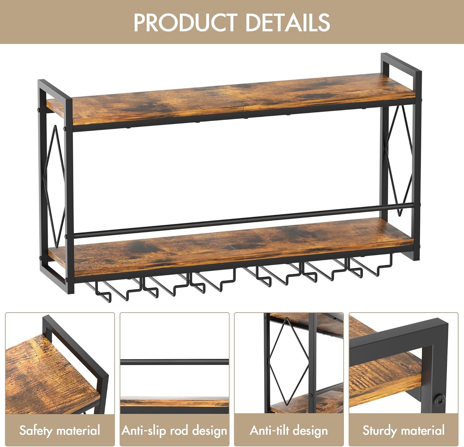 Nidouillet Wall Mounted Wine Rack with LED Light, 31.5" Bar Liquor Shelves with Glass Holder, Metal Hanging Bar Shelves Wine Storage Rack Display for Kitchen Home Bar Dining Room Living Room - Image 6