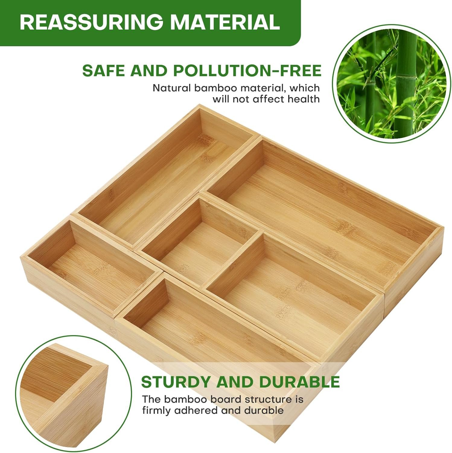 Bamboo Drawer Organizer Set, 5 PCS Multi-Use Individual Wood Storage Organizers, Junk Drawer Divider and Storage Trays Containers for Kitchen, Bathroom, Office Desk, Makeup, Jewelry, Utensils - Image 6