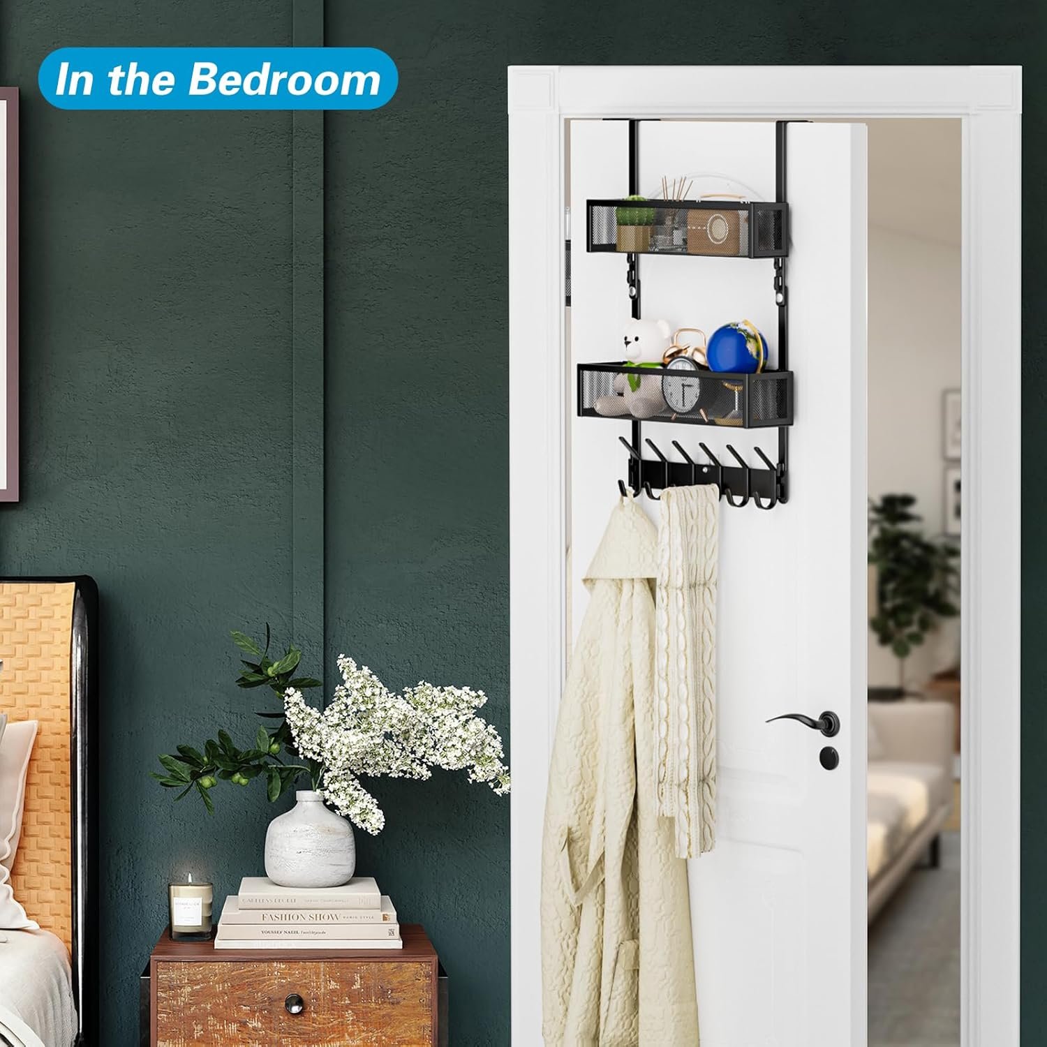 Over The Door Hooks Organizer, Over The Door Towel Rack with 12 Coat Hooks and 2 Mesh Basket, Bathroom Door Organizer Back of Door Hanger Organizer for Bedroom, Kitchen(Black) - Image 9