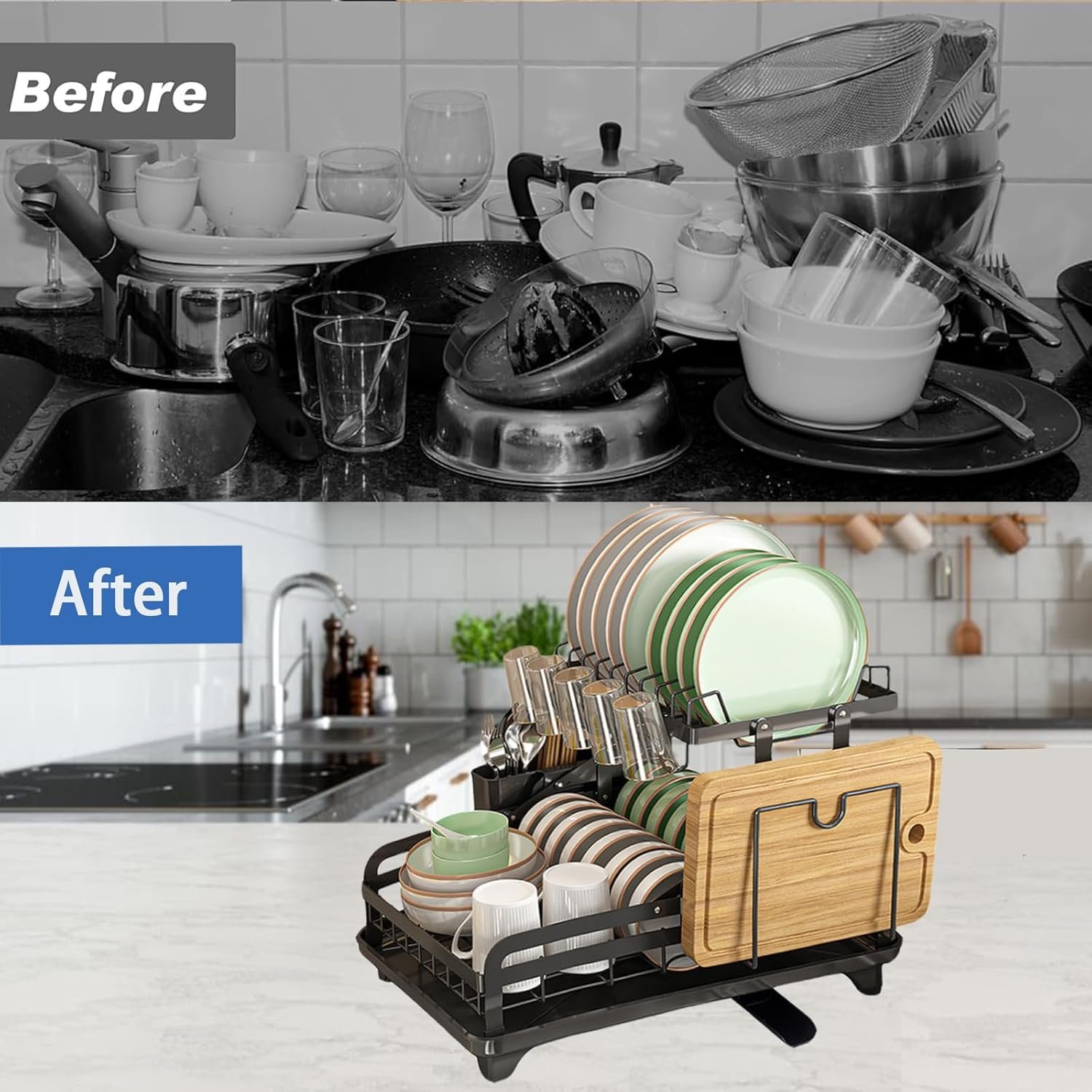 2-Tier Dish Drying Rack for Kitchen Counter - Large Collapsible Dish Rack with Drainboard, Rustproof & Non-Slip Design, Space Saving Dishwasher Rack Dish Drainer -Black - Image 6