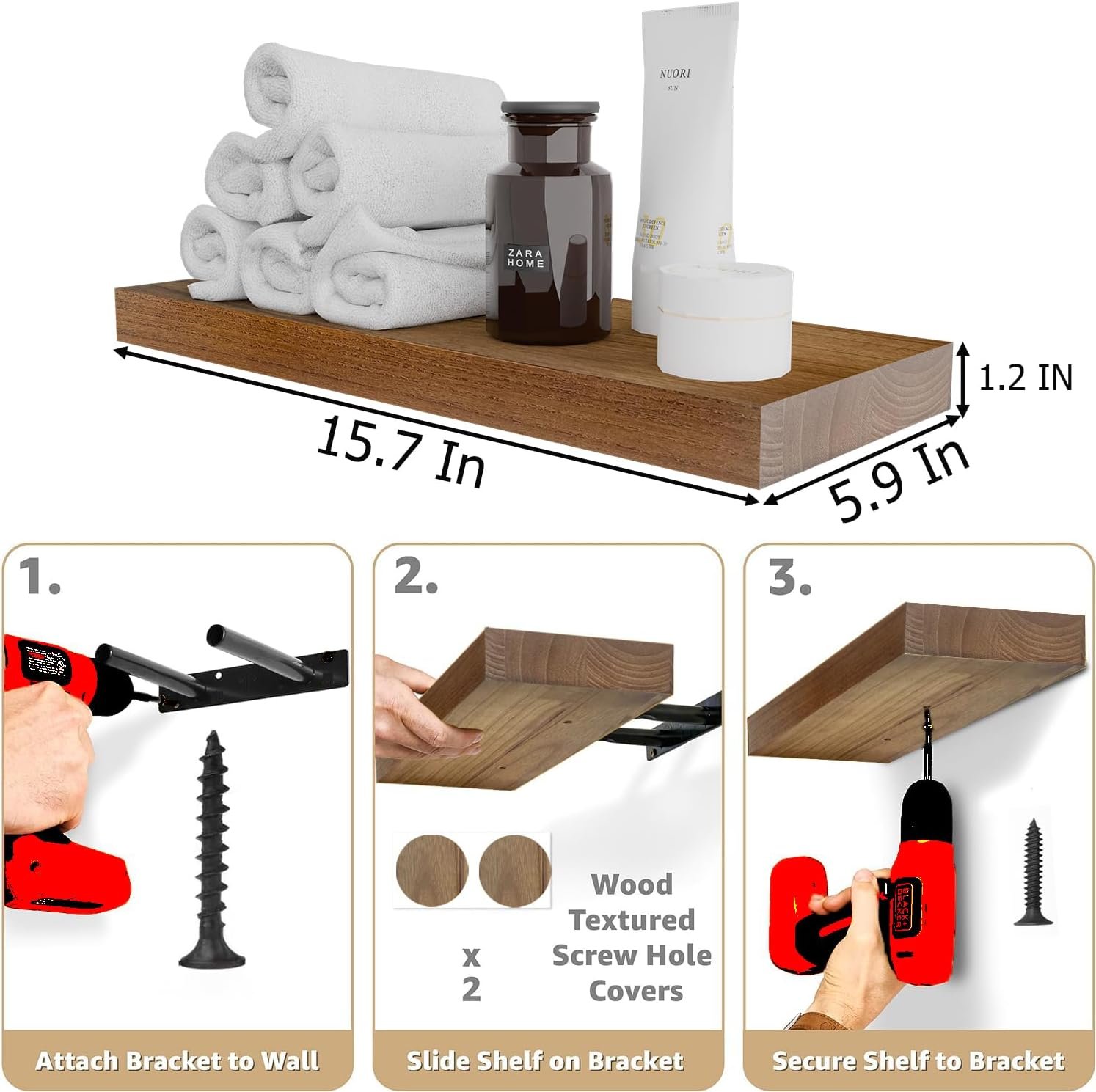IAE Walnut Floating Wall Shelves 16 inch, Bathroom Shelves Wall Mounted,Invisible Shelf Floating Kitchen Shelves,Wooden Wall Shelving with Brackets for Living Room Wall Mounted,Easy Install,Set of 2 - Image 3