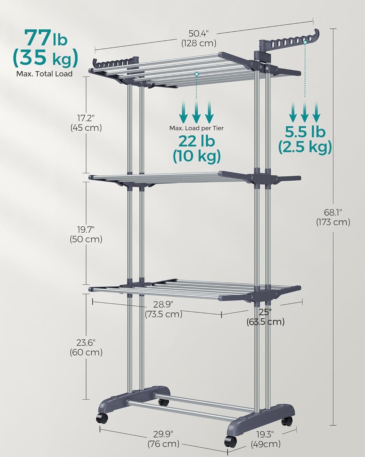 SONGMICS Clothes Drying Rack Stand 4-Tier, Foldable Laundry Drying Rack 68.1-Inch Tall, Steel, Rolling Clothes Horses Dryer Rack, Easy to Assemble, Indoor Outdoor Use, Dove Gray ULLR701G01 - Image 6