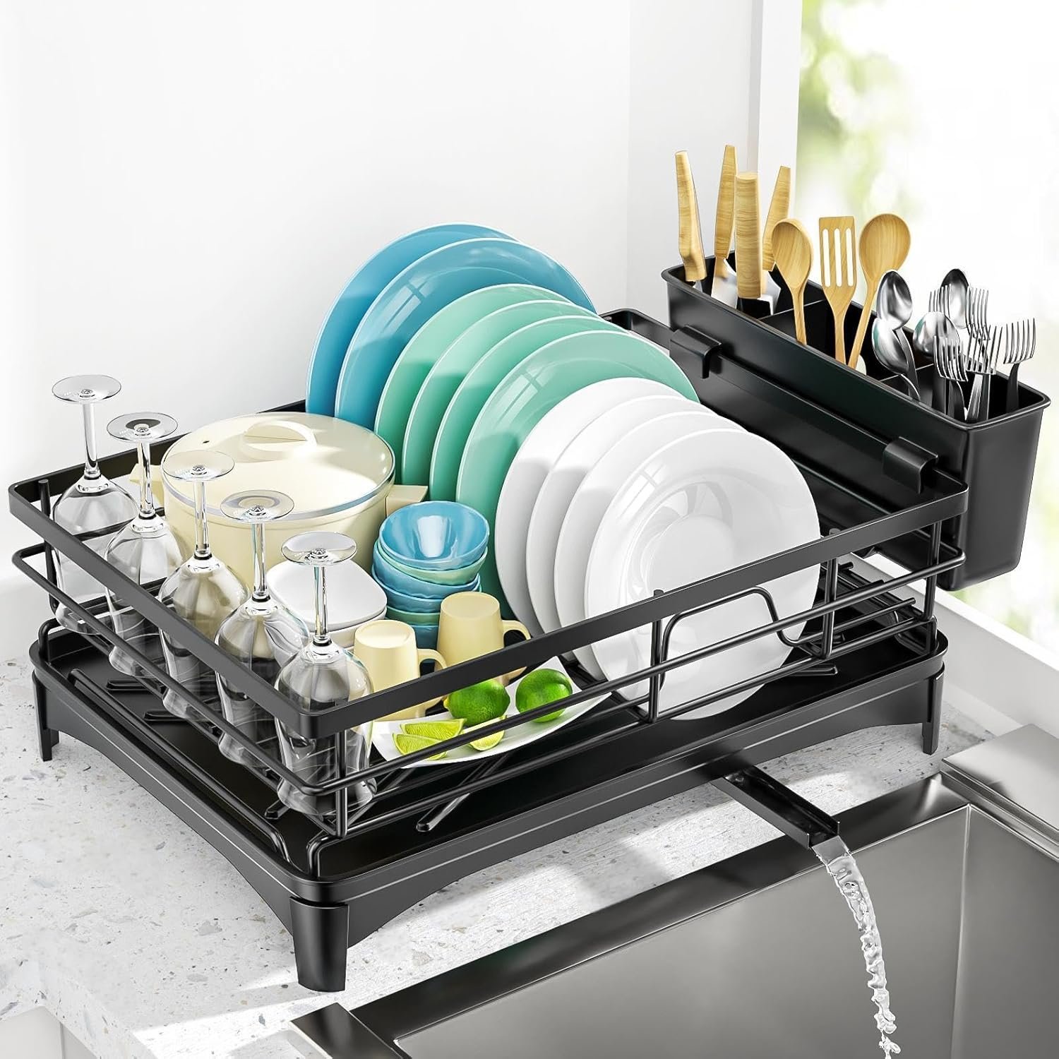 Black Stainless Steel Dish Drying Rack for Kitchen Counter, Space-Saving Dish Drainer with Drainboard, Utensil Holder & Collapsible Design - Image 2