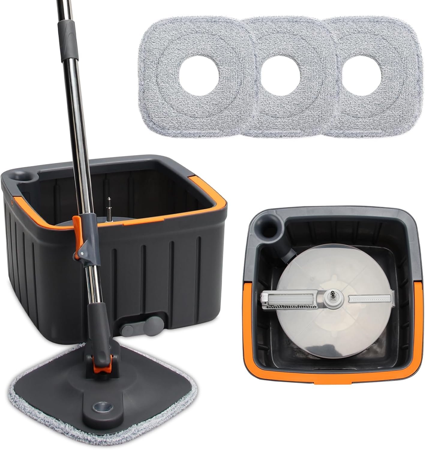 Spin Mop and Bucket Set with Self Separation Dirty and Clean Water System,Self Wringing 360° Rotating Square Clean Mop and Bucket with Wringer,Home Floor Tile Cleaning(3 Thick Mop Pads)(Black) - Image 2