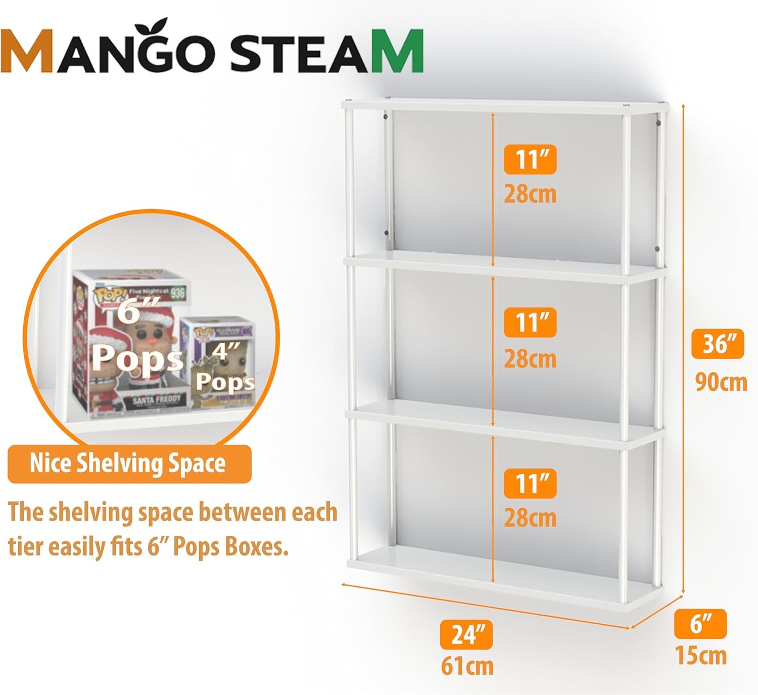 Mango Steam Wall-Mounted Steel Shelving Unit for Kitchen, Storage or Display Use - White - (36" H X 24" W X 6" D) - Image 4