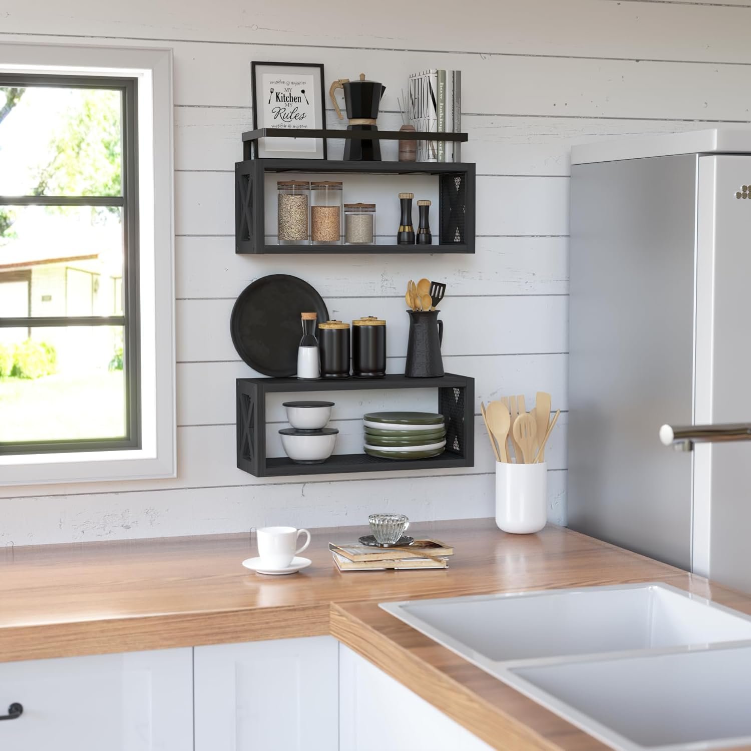 RICHER HOUSE Floating Shelves with Guardrail, Rustic Wood for Wall Décor, Farmhouse Bathroom Accessories Mounted, Organizer over Toilet Storage, Kitchen, Living Room - Black, R-0A340430102 - Image 7