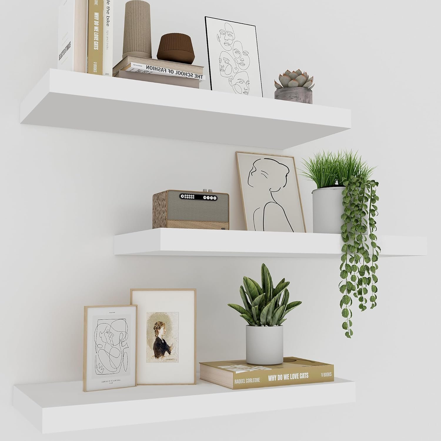White Floating Shelves for Wall Set of 3, 16" White Shelves for Home Decor, Frame Display Wall Mounted Floating Shelf for Living Room, Bedroom, Bathroom, Kitchen - Image 2