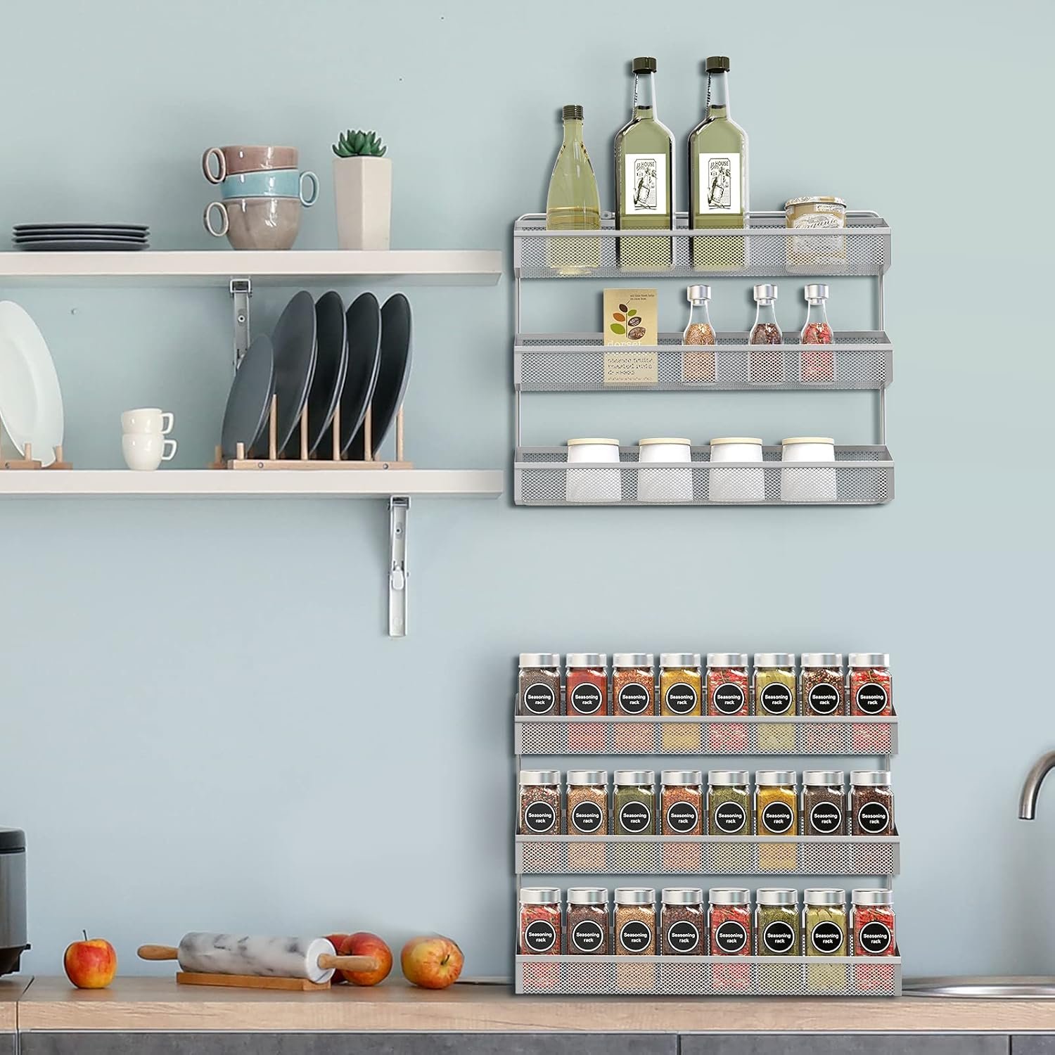 Auledio 2 Pack Spice Rack Organizer, 3 Tier Counter-top Stand or Wall Mounted Storage Rack Hanging Shelf for Kitchen Cabinet, Cupboard, Pantry Door or Bathroom Shower Cosmetic - Chrome - Image 5