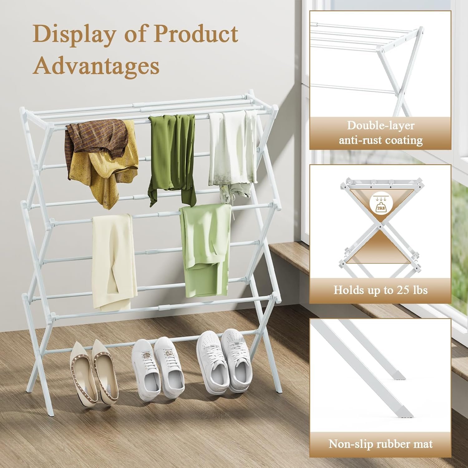 Foldable Drying Rack Clothing, 3-Tier Portable Clothes Drying Racks for Indoor & Outdoor, Anti-Rust Compact Laundry Rack Collapsible, White 29" D x 14" W x 41" H - Image 3