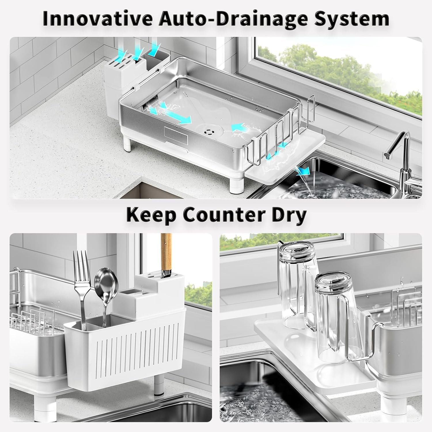 Dish Drying Rack, 304 Stainless Steel Dish Racks for Kitchen Counter, Dish Drainers with Automatic Drainage, Utensil Holder & Cups Holder, Space Saving Kitchen Organizer, White - Image 5