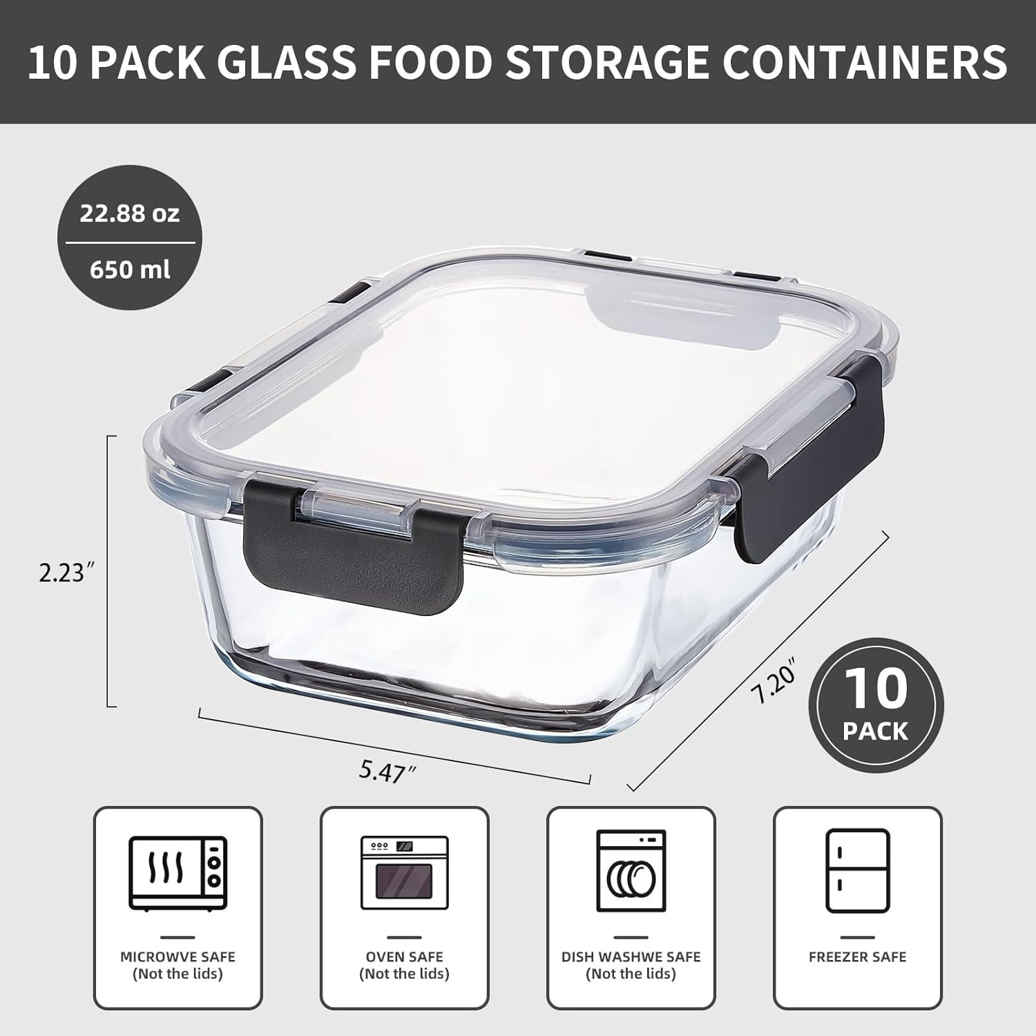 10 Pack 22 oz Glass Meal Prep Containers, Glass Food Storage Containers with Lids, Reusable Airtight Leakproof Lunch Bento Boxes Freezer, Microwave Oven and Dishwasher, Gray - Image 3