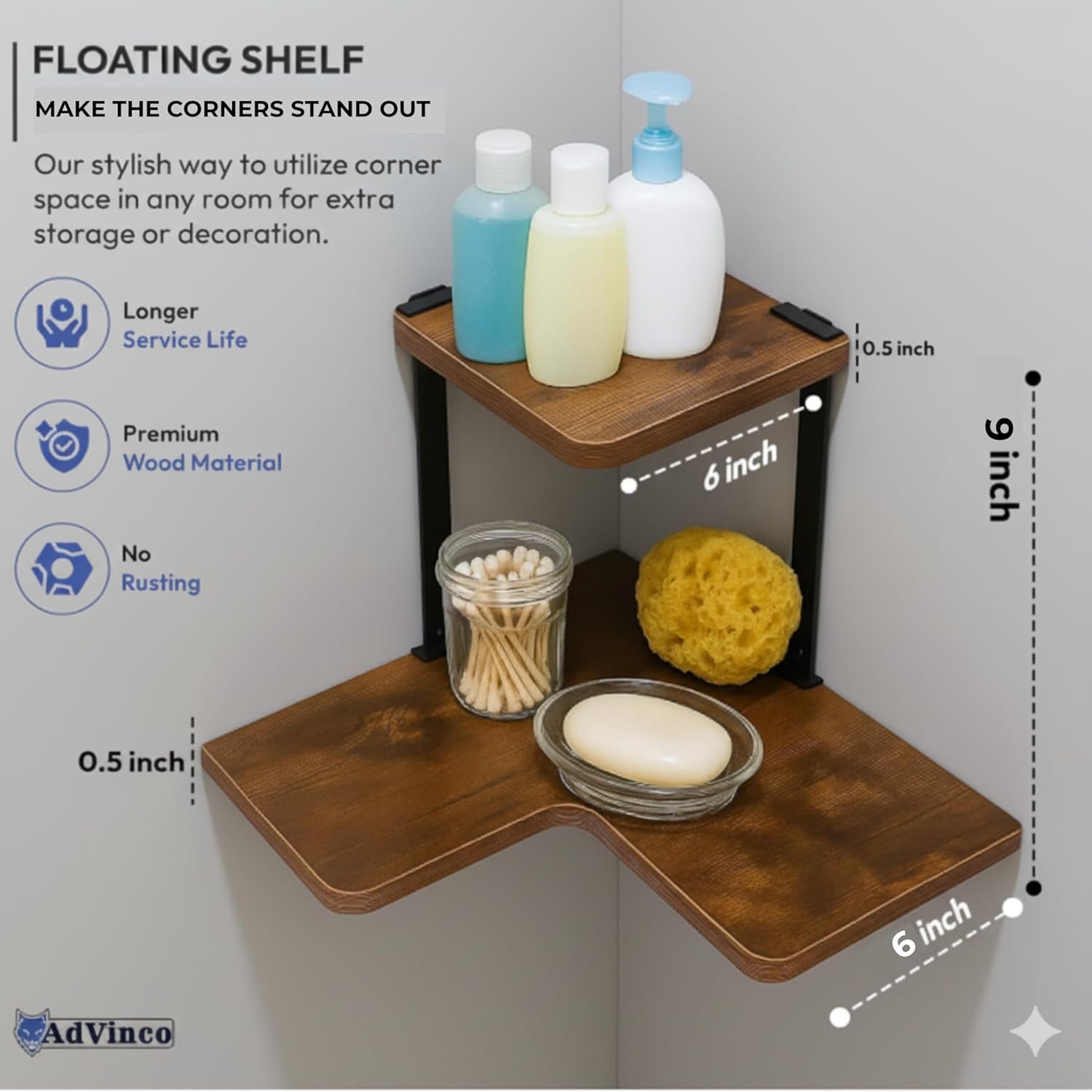 Rustic Brown Floating Shelves Set of 2 with Corner Shelf – Wood Wall Mounted Shelves for Kitchen, Bathroom, Living Room & Office Decor – Heavy Duty Storage Display, Easy Installation Included - Image 4