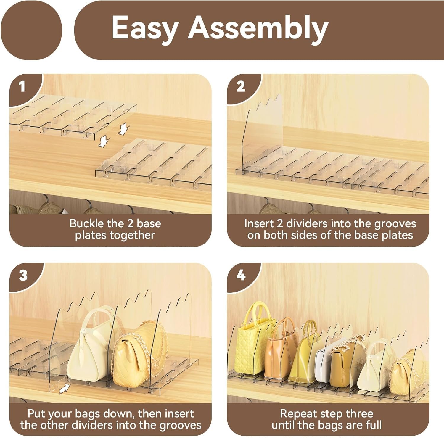 SOYO Adjustable Purse Organizers for Closet, Acrylic Shelf Divider for Bag and Purse Storage, Clear Pocketbook and Handbag Organizer, Bookshelf Separator Organizers for House, Office Use, Clear - Image 6