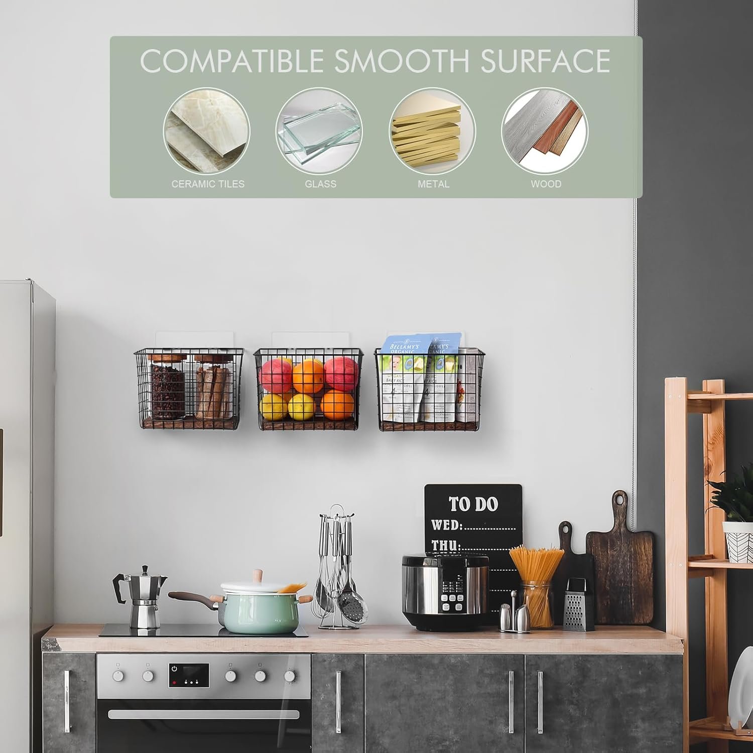 Wall Hanging Baskets 3 Pack, Diversified Wire Basket Shelves of Wooden Style, with Wall Mounted Hooks & Traceless Stickers, for Kitchen Coffee Bar Office Room Garage Storage Organization (Large) - Image 4