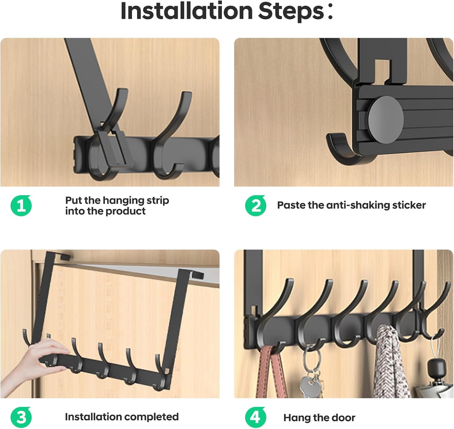 Over The Door Hooks - NO Nail Door Hanger Hook,NO Assembly REQUIERDE Coat Rack on Door with 12 Hooks,Over The Door Towel Racks for Bathroom,Bedroom,Kitchen,Hanging Towels,Coats (Black) - Image 6