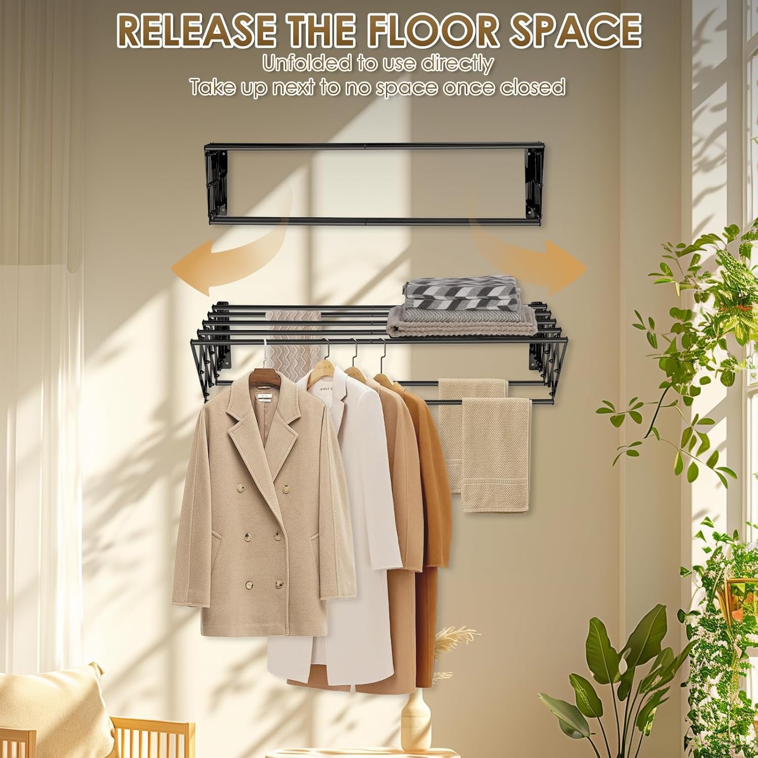 XL-31.5'' Wall Mounted Clothes Drying Rack, 130 lbs Large Capacity Rustproof Retractable Collapsible Drying Rack Easy Install with 7 Drying Rods, Space Saving Towel Clothes Rack for Laundry-Black - Image 4