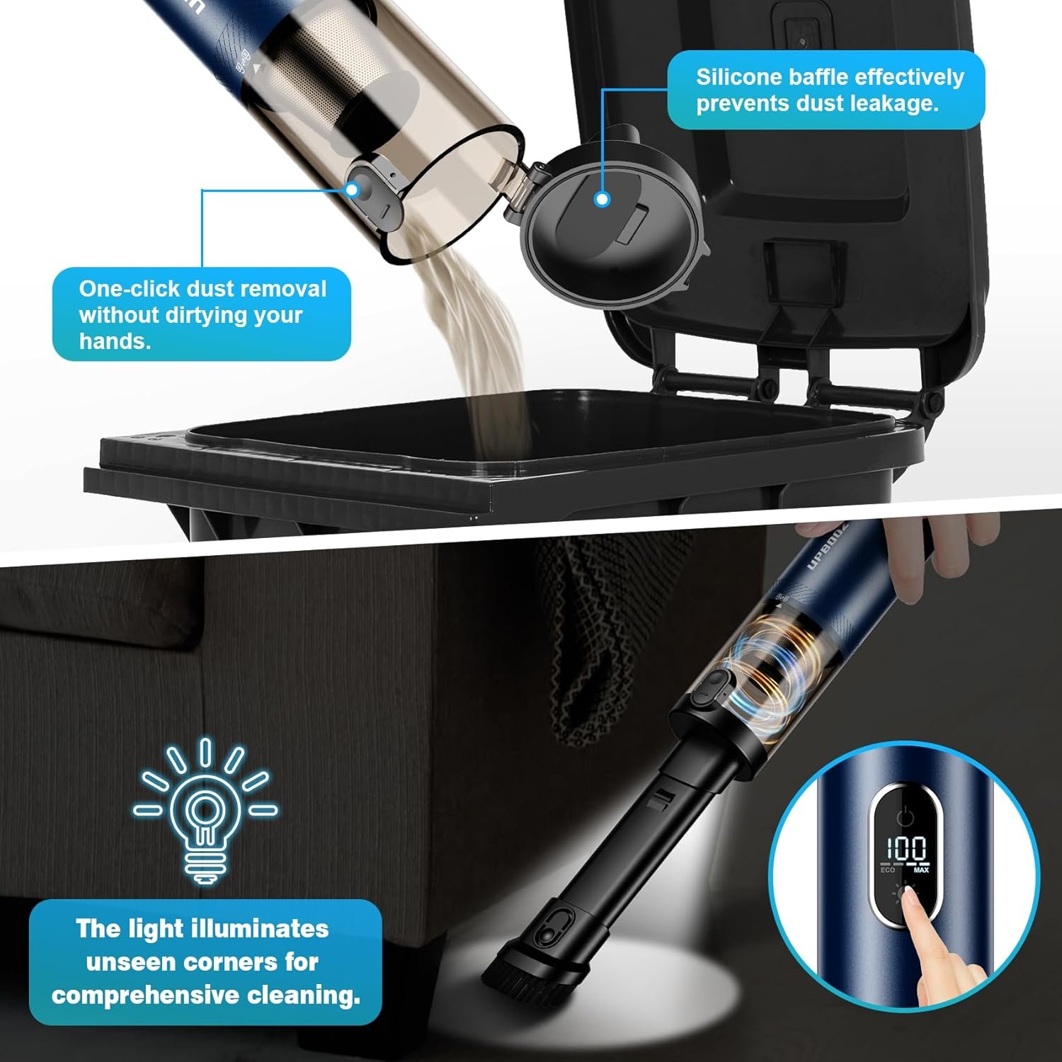 Handheld Vacuum Cordless, Car Vacuum with 14000PA Powerful Suction with LED Light, Air Duster 2-in-1,Low Noise Rechargeable Portable Mini Vacuum Cleaner for Car Home Pet Office,Two Gears Blue - Image 7