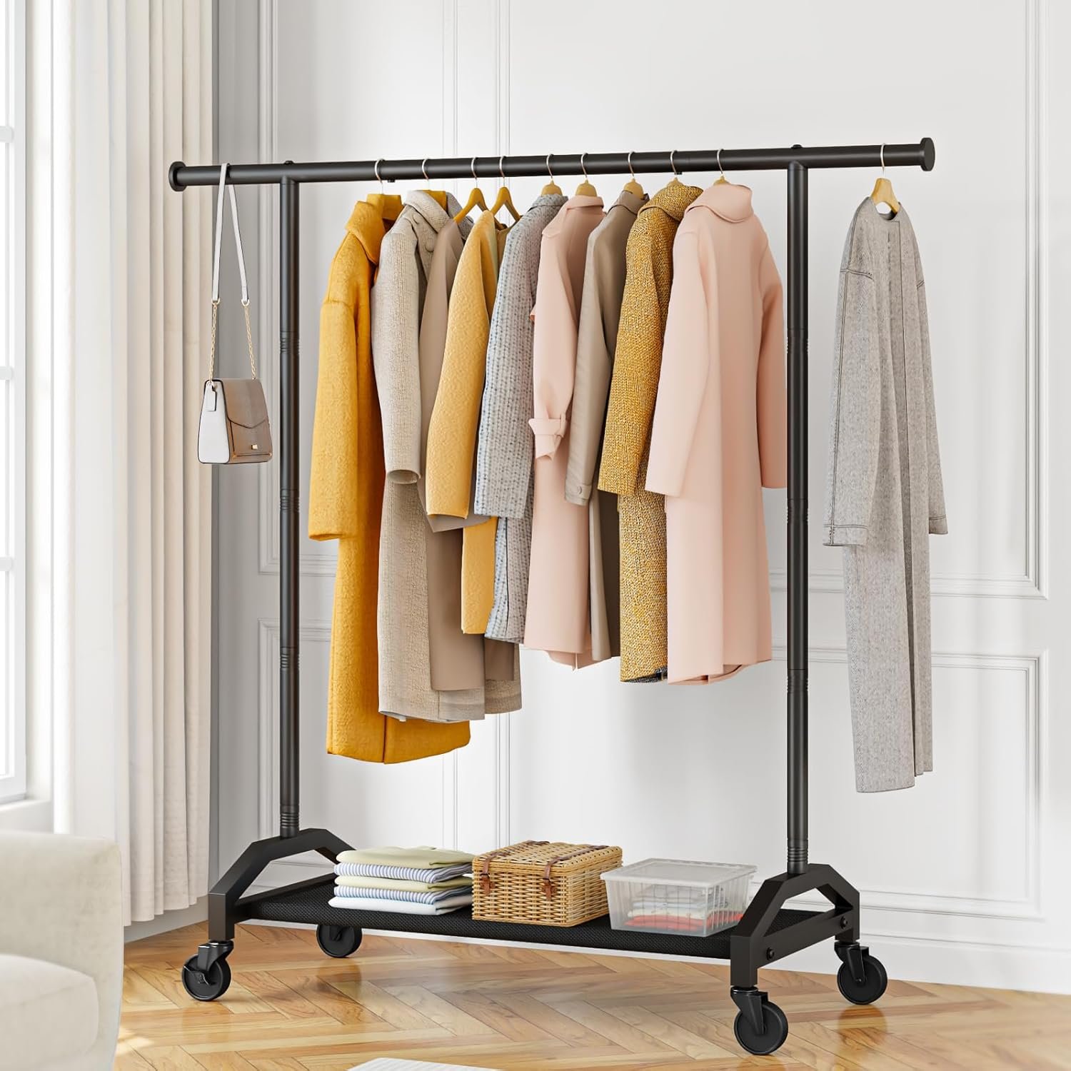 Clothes Rack Clothing Racks for Hanging Rolling Heavy Duty Coat Rack Drying Rack Clothing 200lbs Capacity 3" Industrial Wheels, 1" Pipe,Rolling Garment Rack Black - Image 7