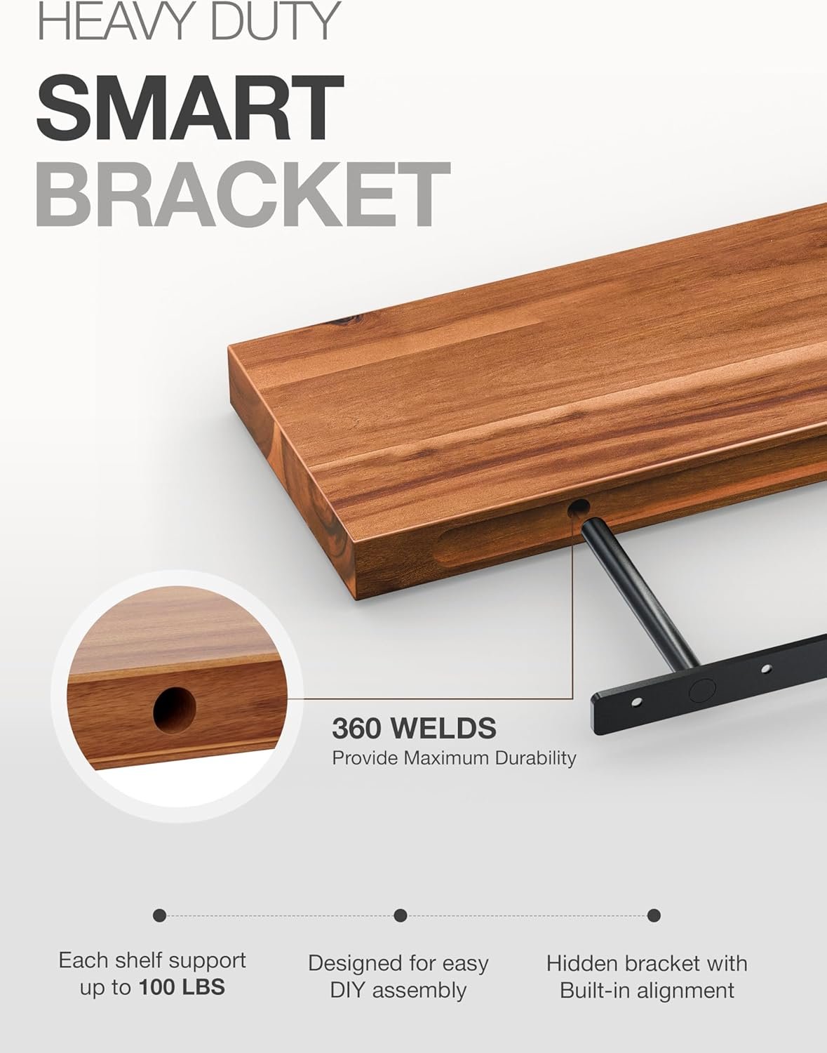 BATODA Set of 2 17" Acacia Wood Floating Shelves Wall Mounted – Rustic Farmhouse Wooden Wall Storage Shelf for Bedroom, Kitchen, Home Décor - Brackets and Shelving Mounting Hardware Included - Image 5