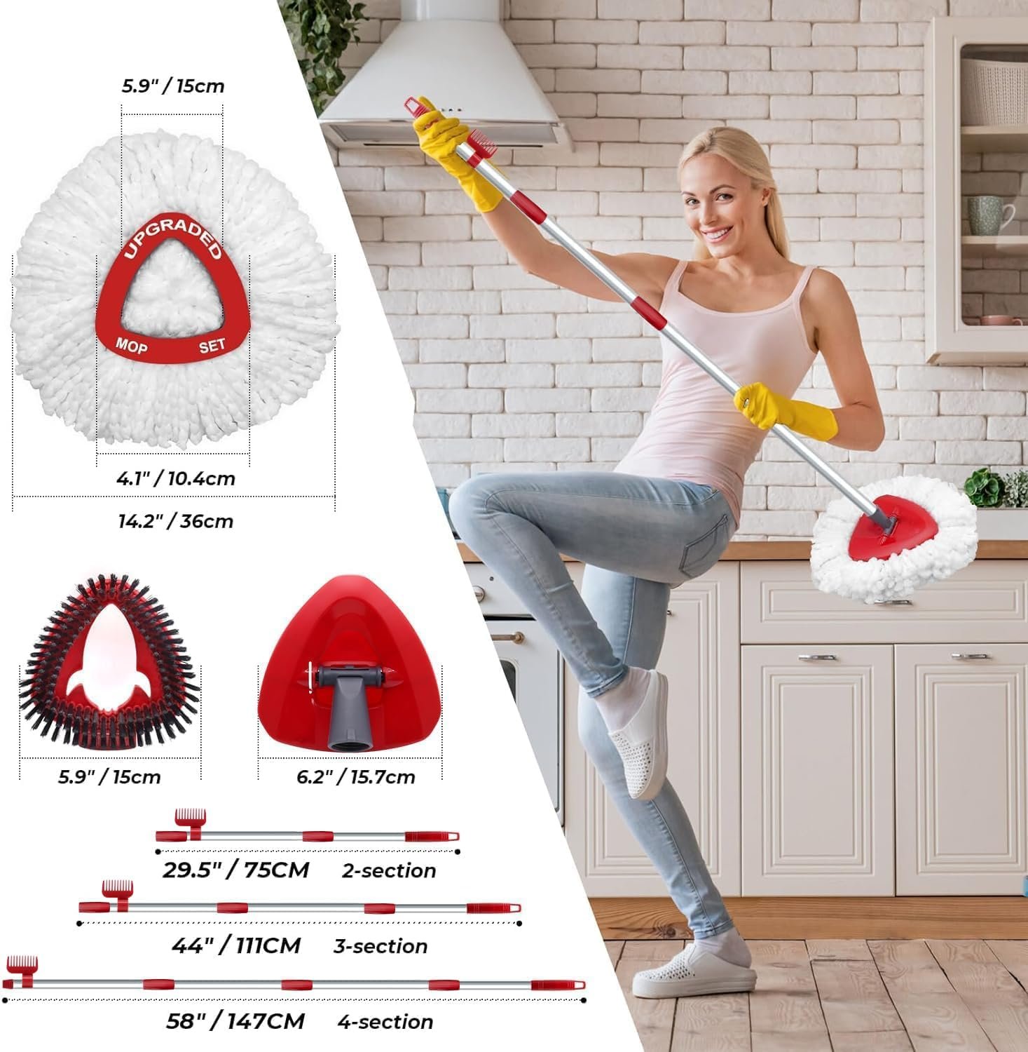 Spin Mop Replace Head Compatible with Ocedar EasyWring 1 Tank, Upgraded Scrub Brush Mop Replacement Head, 2 Microfiber Mop Refills, 1 Mop Handle, 1 Mop Base and 1 Mop Base Cleaning Brush Combo Set - Image 9