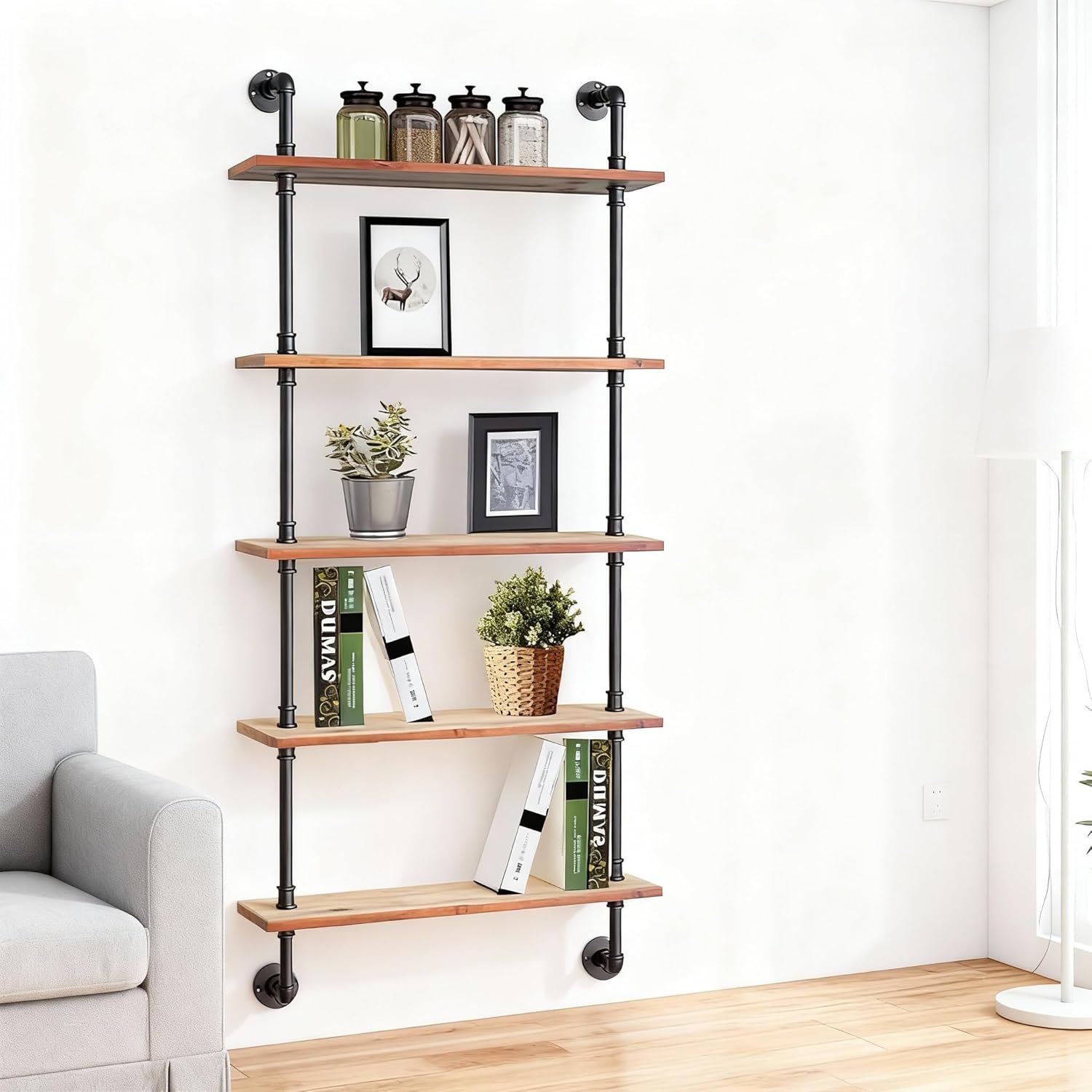 Industrial Pipe Shelving, 24inch Pipe Shelves with Wood Planks, 5 Tier Floating Shelves Wall Mounted Steampunk Real Wood Book Shelves, Retro Rustic Industrial Shelf for Bar Kitchen Living Room - Image 7