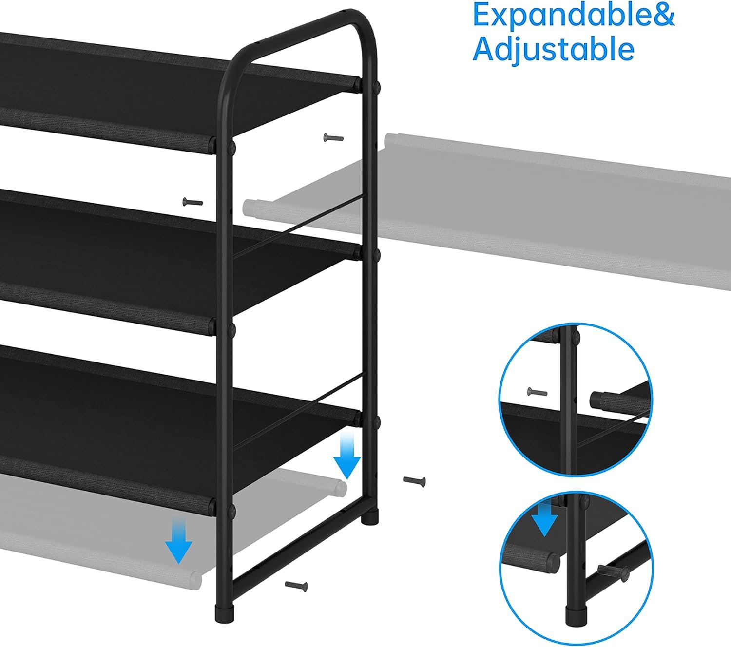 Simple Trending 3 Tier Stackable Shoe Rack, Expandable Adjustable Fabric Shoe Shelf Storage Organizer, Black - Image 6