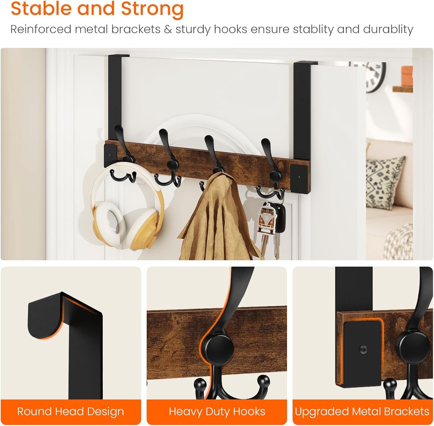 Homode Over The Door Hooks for Hanging, Heavy Duty Wood Over Door Hanger Hook, Over The Door Towel Coat Rack for Bathroom, Back of Door Hooks for Hanging Towels, Clothes, Hats, Rustic Brown Black - Image 3