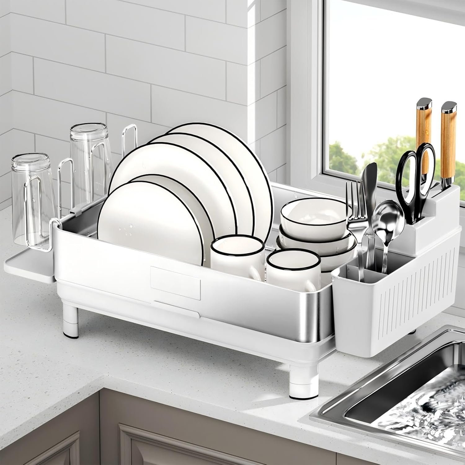 Dish Drying Rack, 304 Stainless Steel Dish Racks for Kitchen Counter, Dish Drainers with Automatic Drainage, Utensil Holder & Cups Holder, Space Saving Kitchen Organizer, White - Image 10