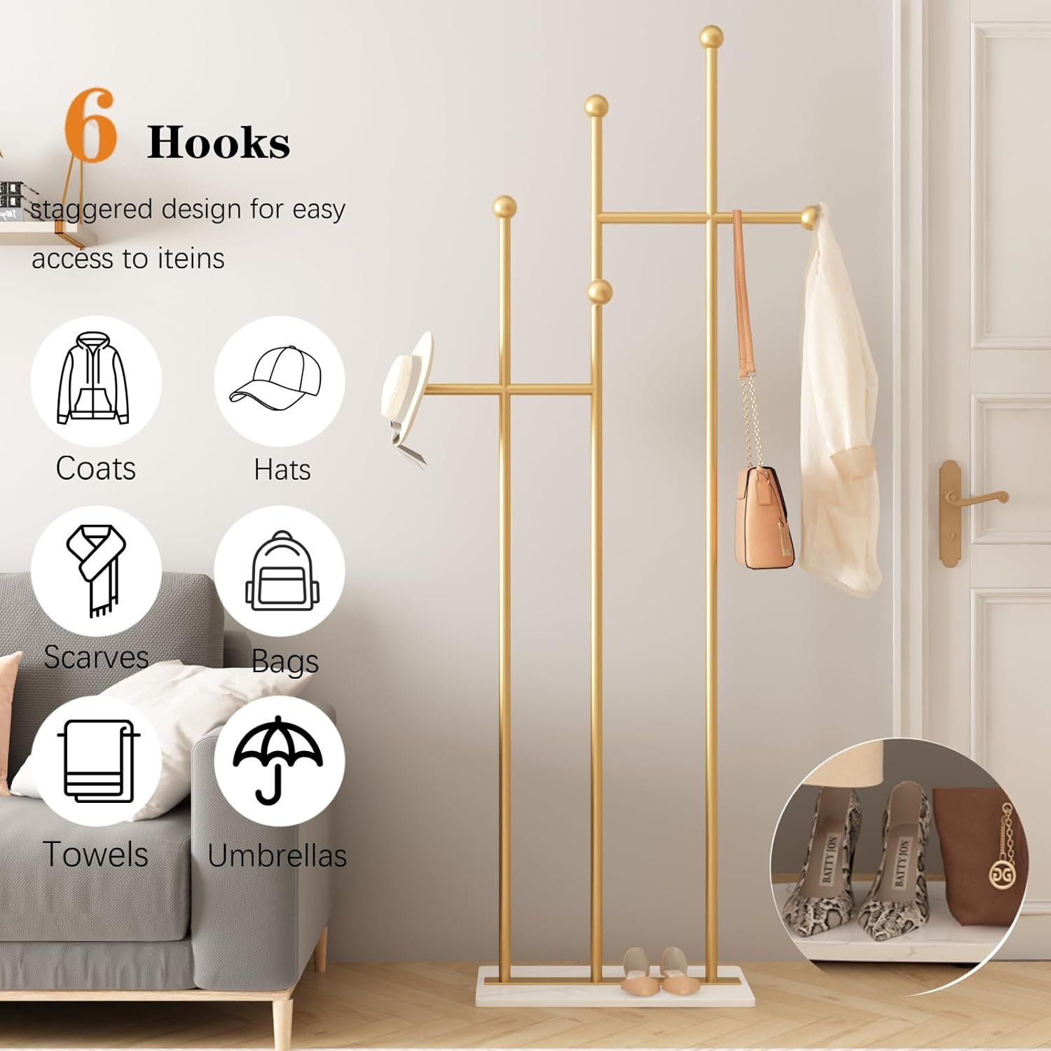 Gold Coat Racks with Marble Base Heavy Duty Clothes Rack Metal Coat Tree for Clothes Hats Scarfs Totes-19.7''L,GOLD - Image 3