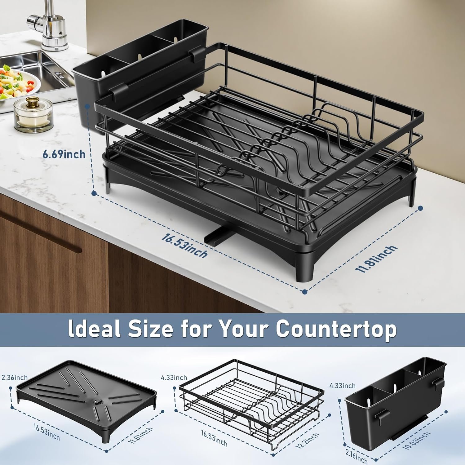 Black Stainless Steel Dish Drying Rack for Kitchen Counter, Space-Saving Dish Drainer with Drainboard, Utensil Holder & Collapsible Design - Image 6