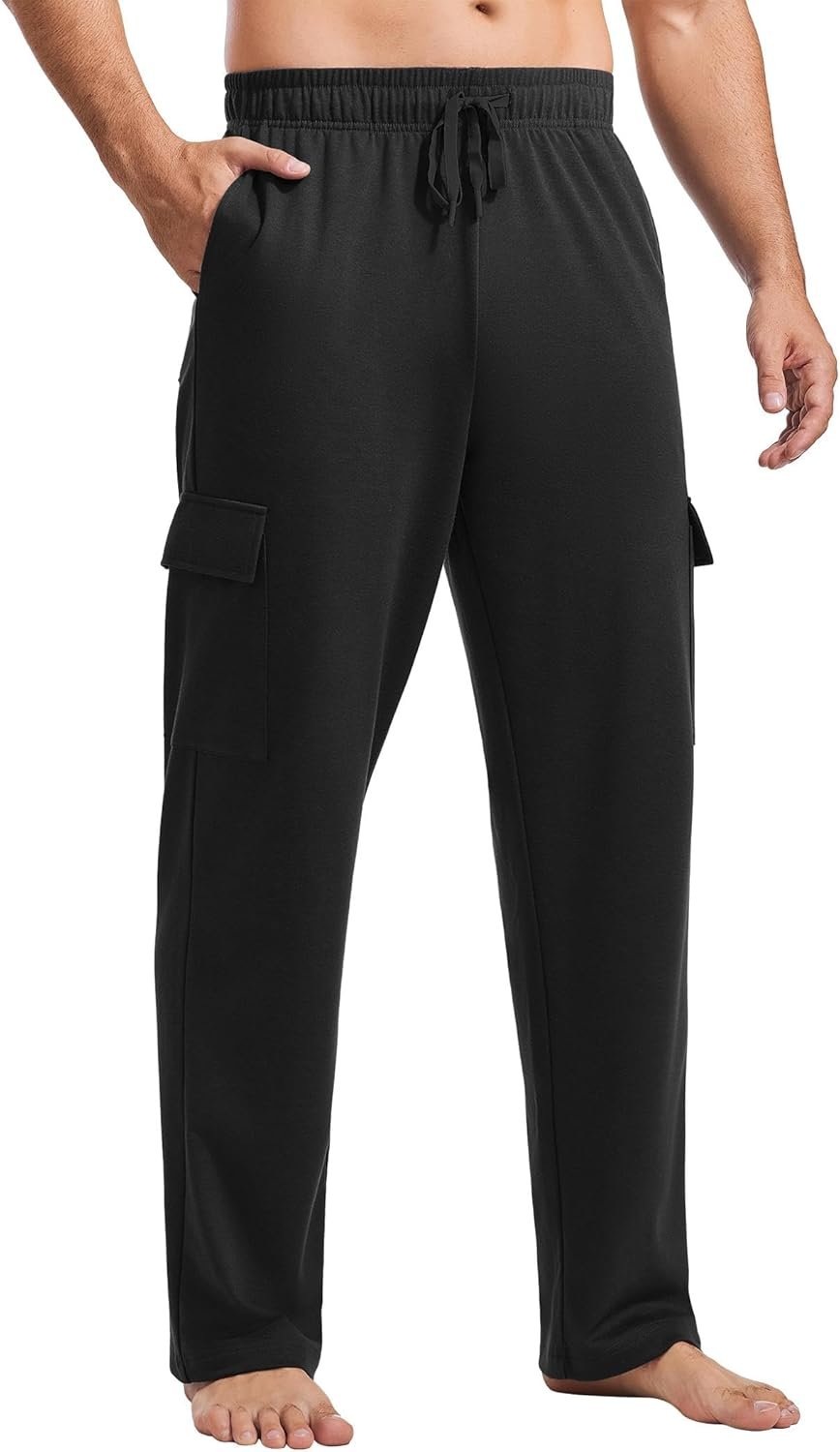 PINSPARK Men's Cargo Sweatpants with Pockets Open Bottom Baggy Cotton Jogger Sweatpants Uncuffed Lounge Pants Straight Leg - Image 2