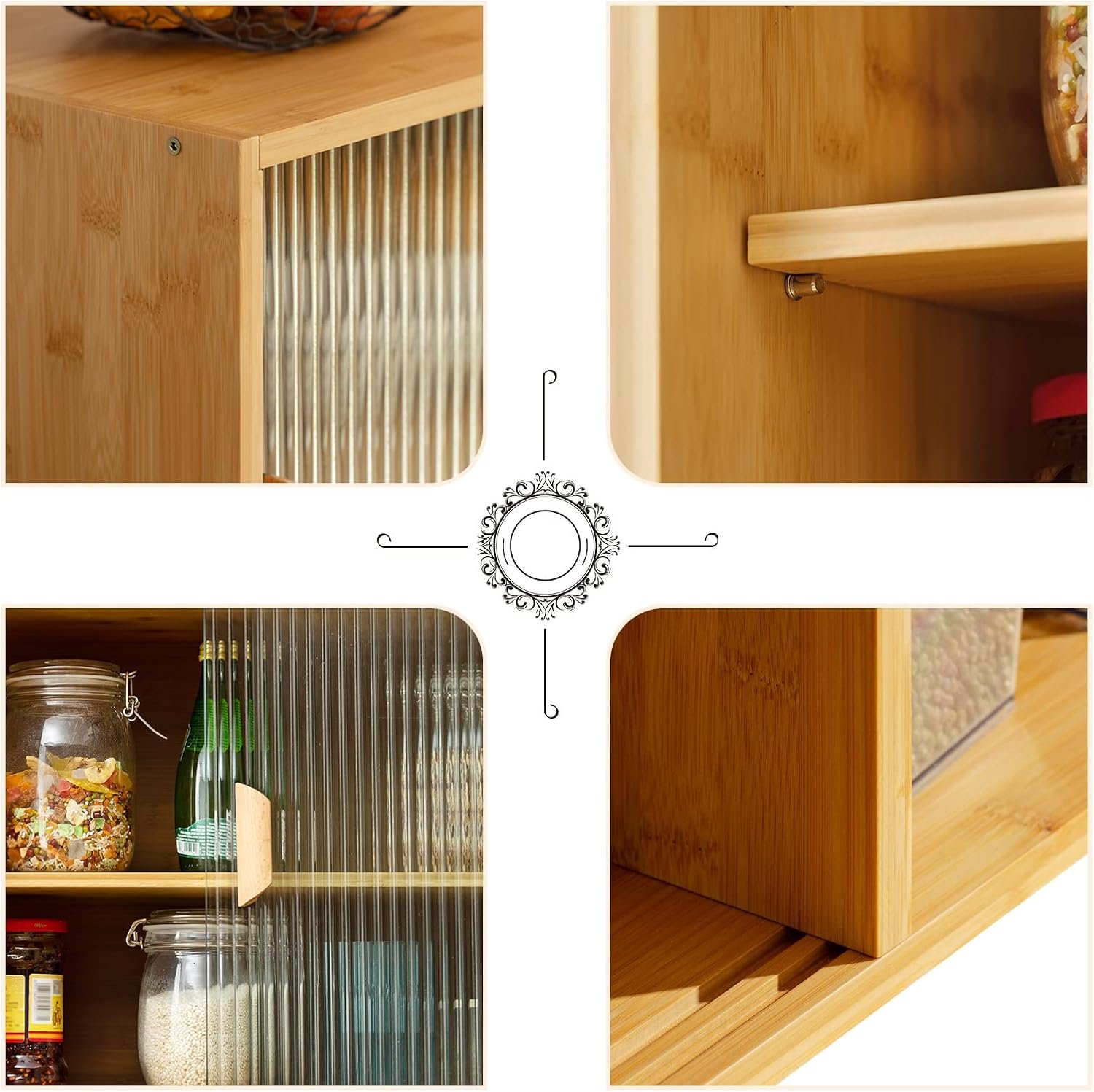 HollyHOME Bamboo Wall Mounted Kitchen Pantry Sideboard with 2 Doors and Adjustable Shelves, Freestanding Wall Storage Cabinet with Shelf for Bottle, Dish, Bowl, Console Dining Cupboard, Burlywood - Image 8