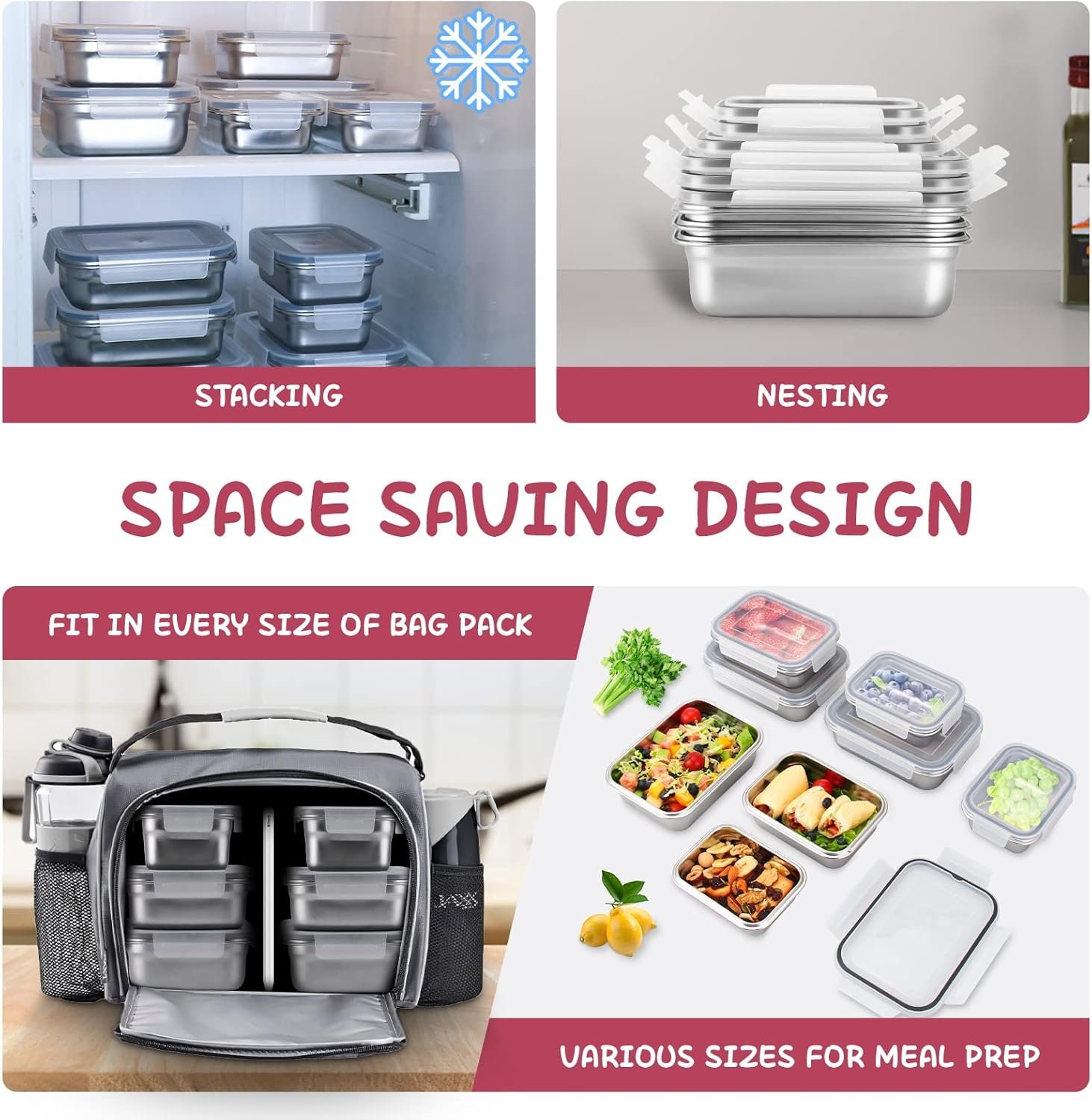 10 PC Square 304 Stainless Steel Food Containers with Lids, Airtight Bento Lunch Box, Metal Meal Prep Food Containers Reusable Stackable | Nestable Oven/Dishwsher/Freezer Safe - Image 4