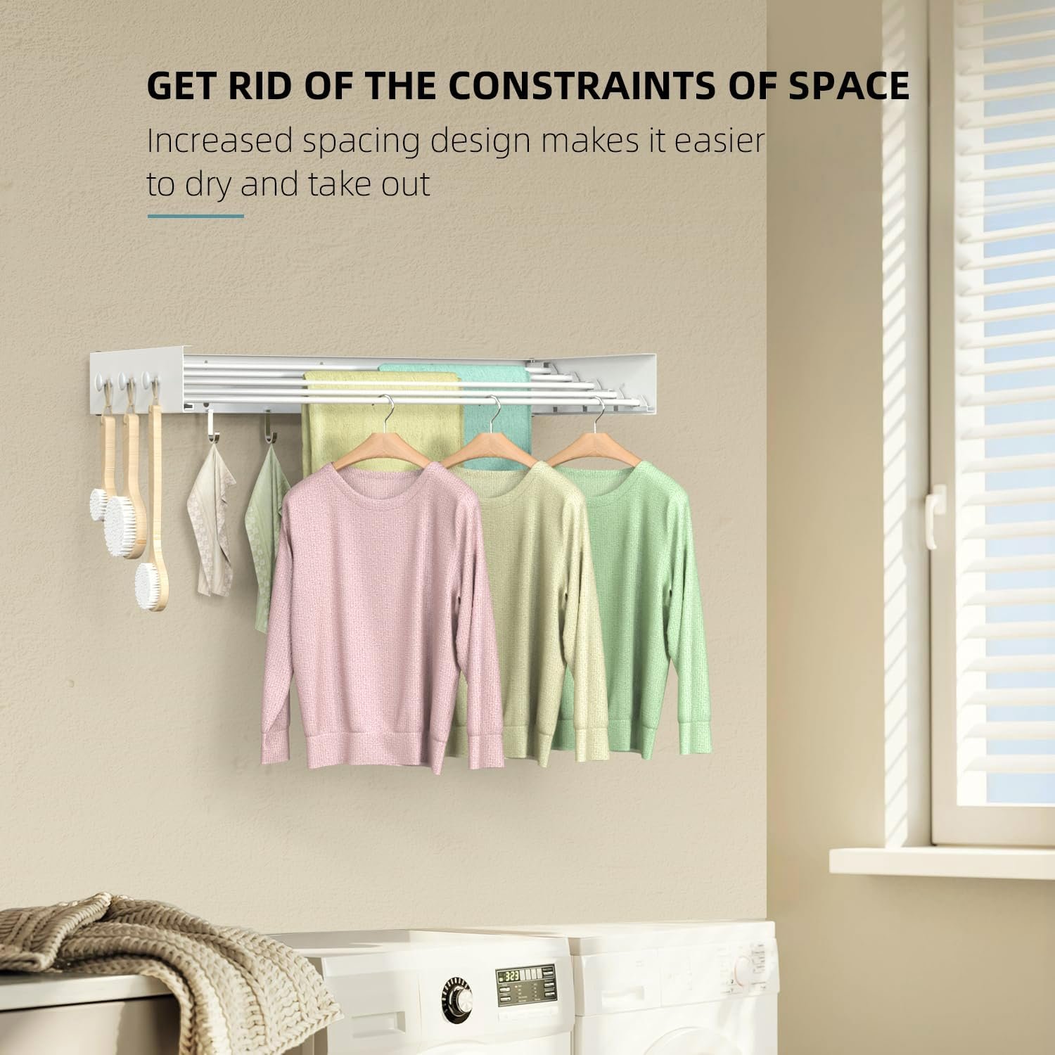 Drying Rack Clothing,Clothes Drying Rack Wall Mounted,Laundry Drying Rack Wall Mount,Foldable,Collapsible,60 lb Capacity 5 Aluminium Poles with 12 Hooks,Space Saving Clothes Drying Rack,White 31.5" - Image 6