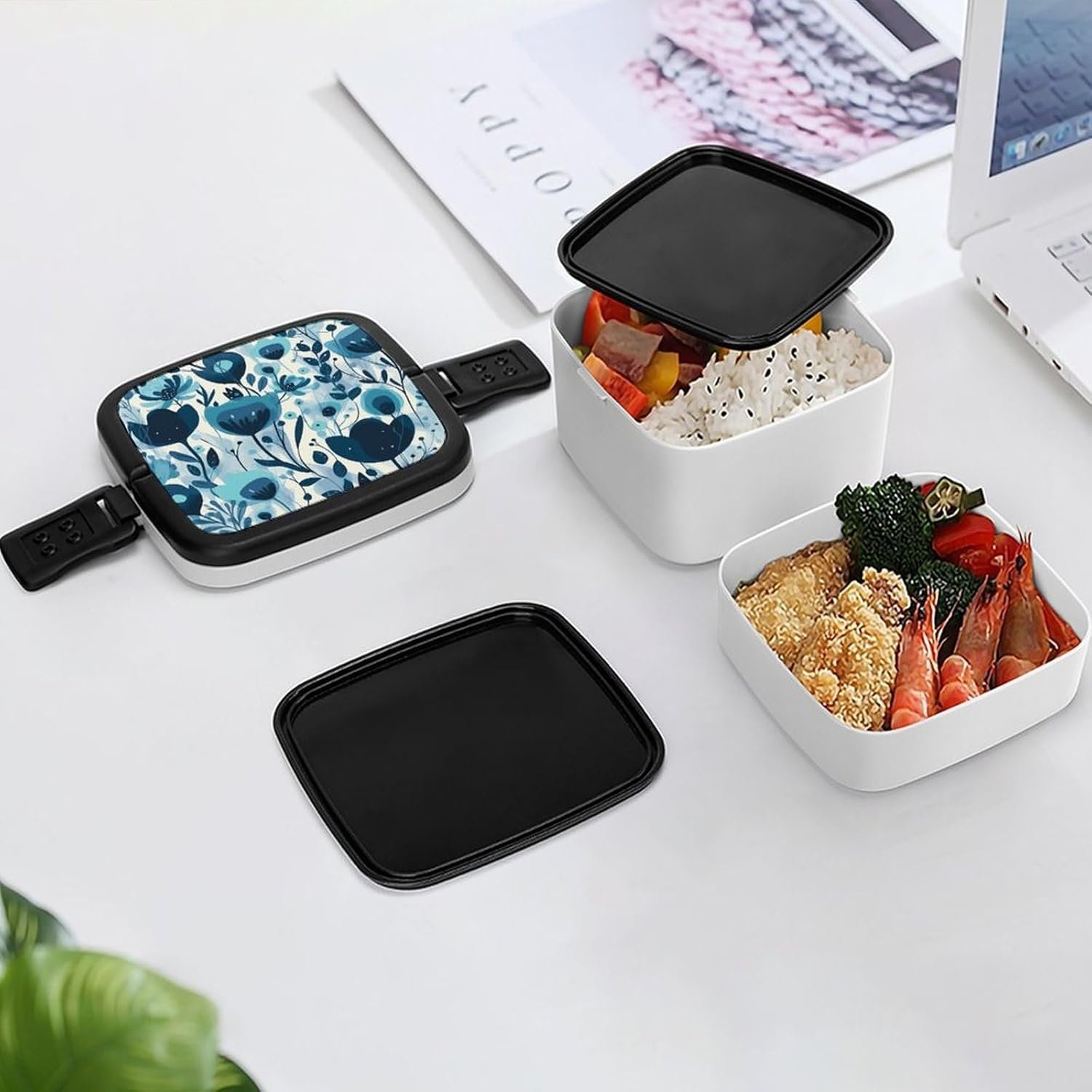 Simple Flowers Bento Box with Spoon, 2-layer Stackable Lunch Box Leak Proof with Invisible Handle, Insulated Food Storage for Office, Picnic & Travel - Image 8