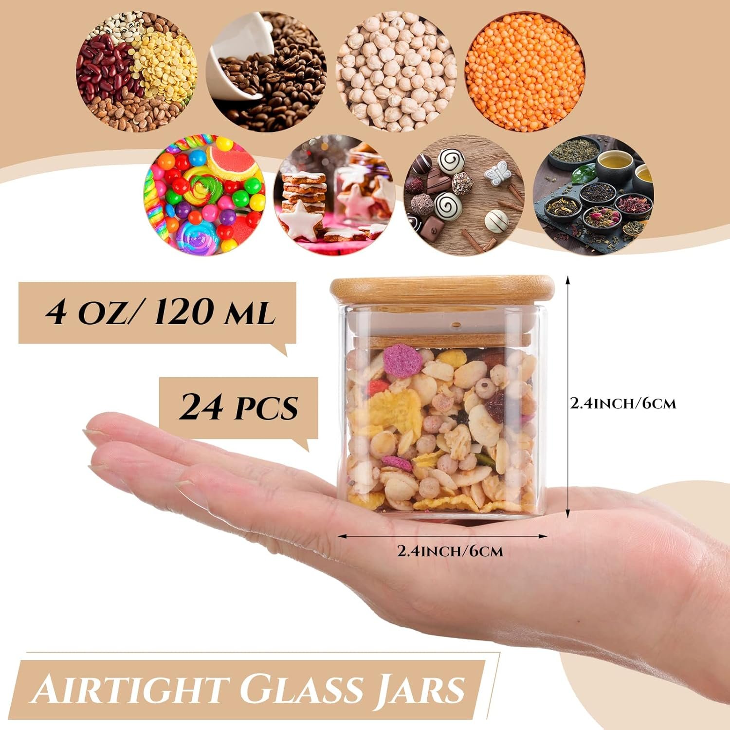 Nuenen Set of 24 Airtight Square Spice Containers 4 oz Glass Spice Jars with Bamboo Lid Small Seasoning Jars Empty Food Storage Containers for Pantry Clear Food Canisters for Kitchen Sugar Coffee - Image 3