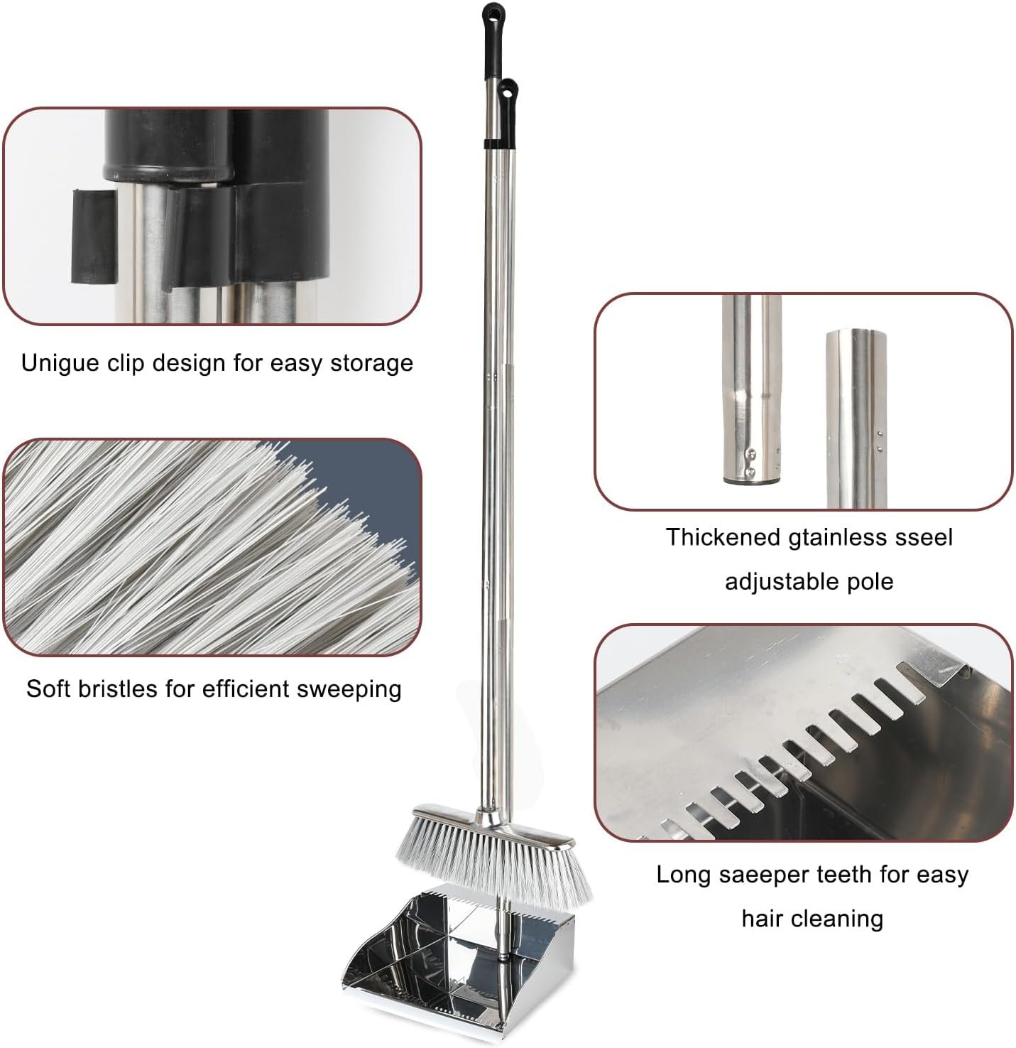 Metal Dustpan with Broom Set, Long Handle Stainless Steel Dustpan,Heavy Duty Standing Dust Pan with Teeth, Indoor Outdoor Up for Home Kitchen Lobby Room Office - Image 5