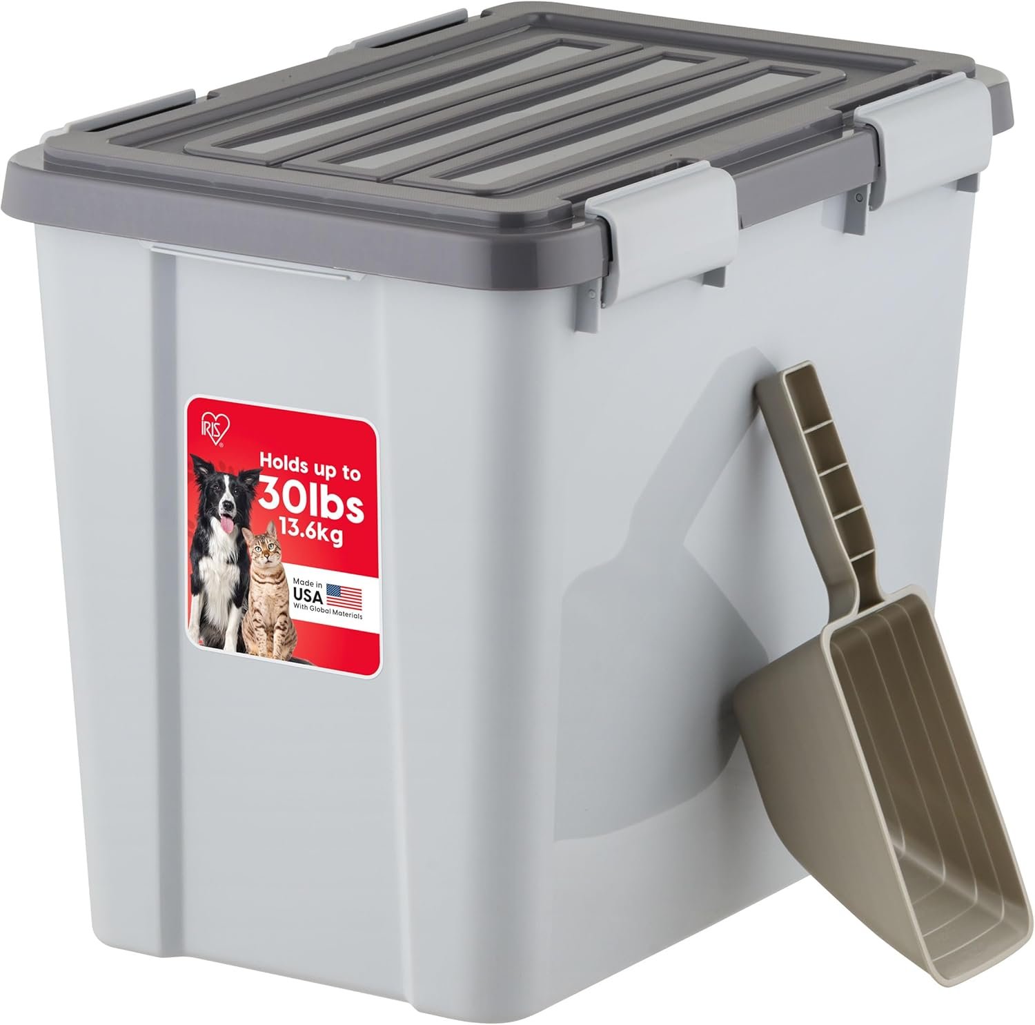 IRIS USA Stackable Dog Food Storage Container with 2 Cup Scoop, 4 Secure Latches, Fits up to 30 lbs, Pet Dry Food Bin, Gasket Seal Lid, BPA Free, Stackable, Easy Measure, Gray/Dark Gray - Image 2
