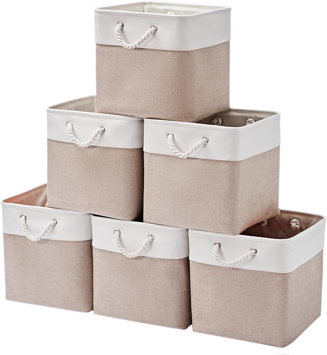 13 x 13 Inch Storage Cubes,6 Pack Cube Storage Bins for Shelves,Fabric Collapsible Storage Bins with Handles, Foldable Storage Basket for Organizing Clothes, Toys, Books (White&Beige) - Image 2