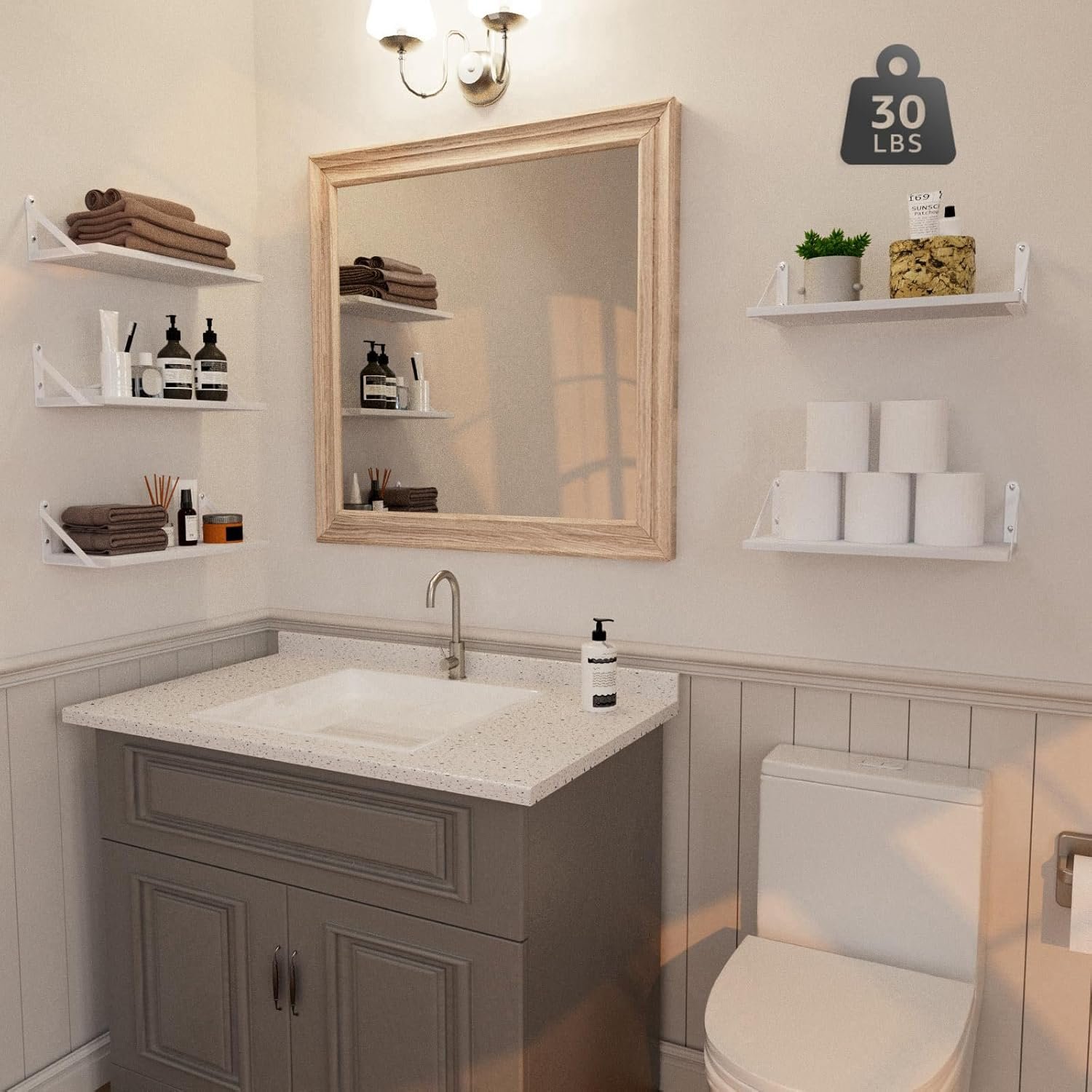 Wall Shelves 7.3" Deep Set of 3, Solid Paulownia Wood Wider Longer Sturdy Easy to Install Wall Mounted Bookshelves Storage Shelves Bathroom Storage Office Laundry Room Bedroom Organizer White - Image 7