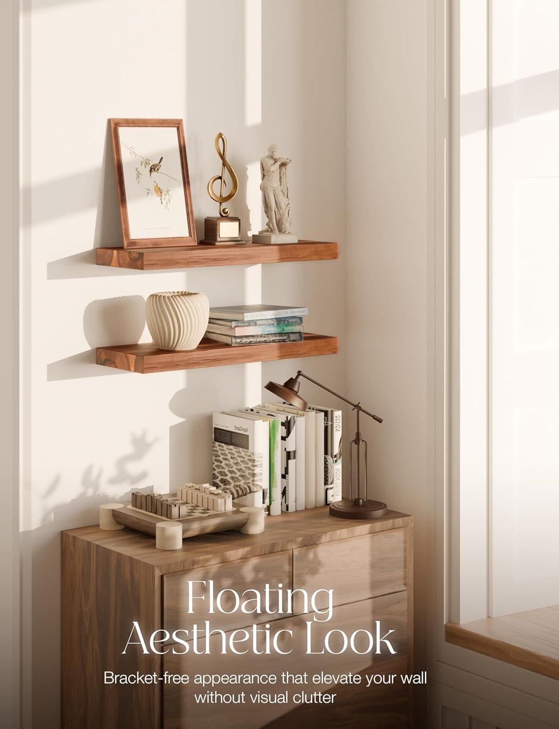 BATODA Set of 2 17" Acacia Wood Floating Shelves Wall Mounted – Rustic Farmhouse Wooden Wall Storage Shelf for Bedroom, Kitchen, Home Décor - Brackets and Shelving Mounting Hardware Included - Image 8