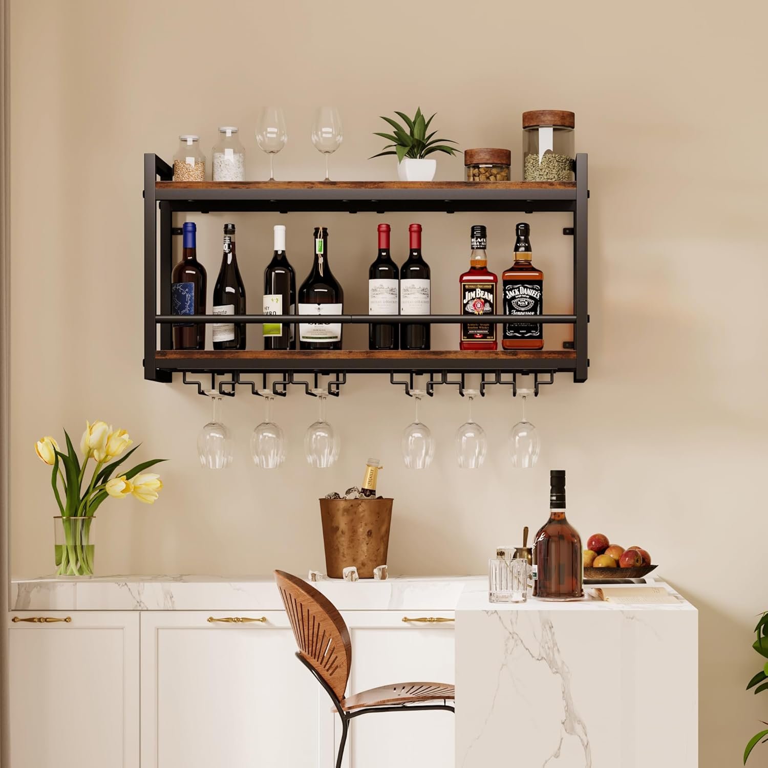 Homeiju Wall Mounted Wine Rack, Bottle & Glass Holder Wood-Metal Retro Wine Rack, Wine Bottles Display Wall Storage for Kitchen Dining Room Home Bar - Image 9