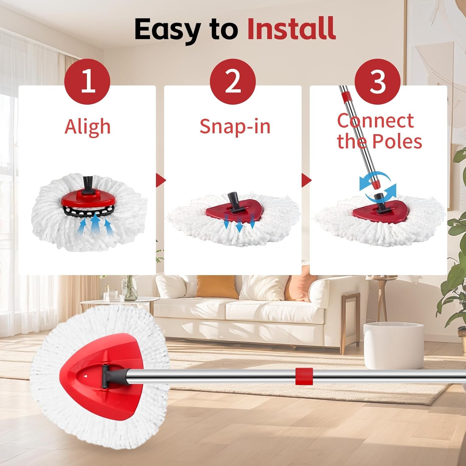 Spin Mop Replace Head, Base, Handle Compatible with O Cedar EasyWring Microfiber Spin Mop, 4 Mop Refills Replacement Heads, 30-58in Mop Handle and 1 Mop Base Combo Set (White (1-Tank System)) - Image 7