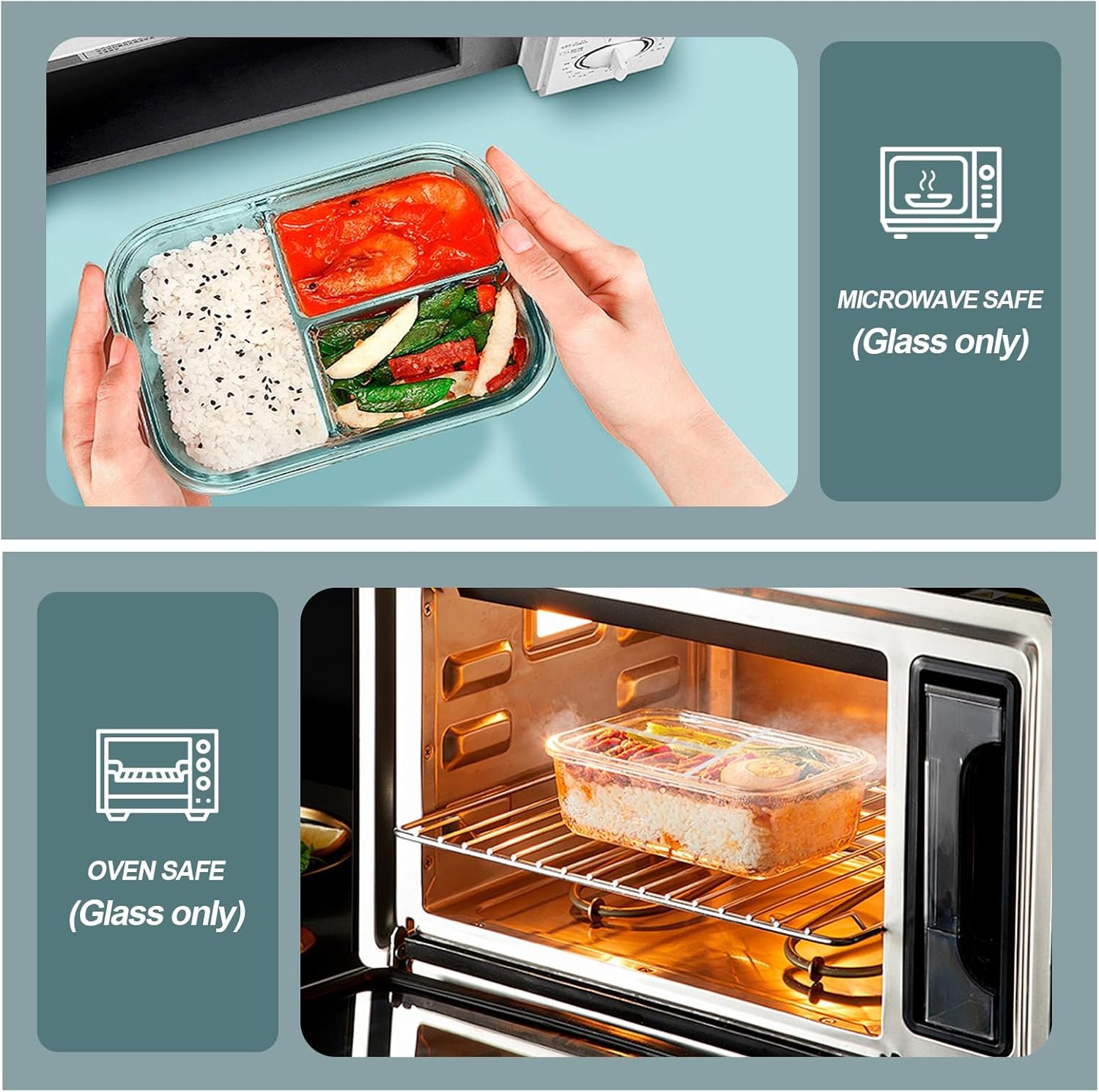 KOMUEE Glass Meal Prep Containers 3 Compartments, 5 Pack 36 oz, Glass Food Storage Containers with Lids, Airtight Lunch Bento Box, Portion Control, Freezer and Microwave Safe - Image 4