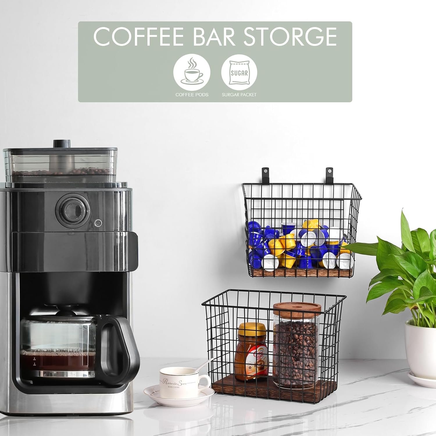 Wall Hanging Baskets 3 Pack, Diversified Wire Basket Shelves of Wooden Style, with Wall Mounted Hooks & Traceless Stickers, for Kitchen Coffee Bar Office Room Garage Storage Organization (Large) - Image 5