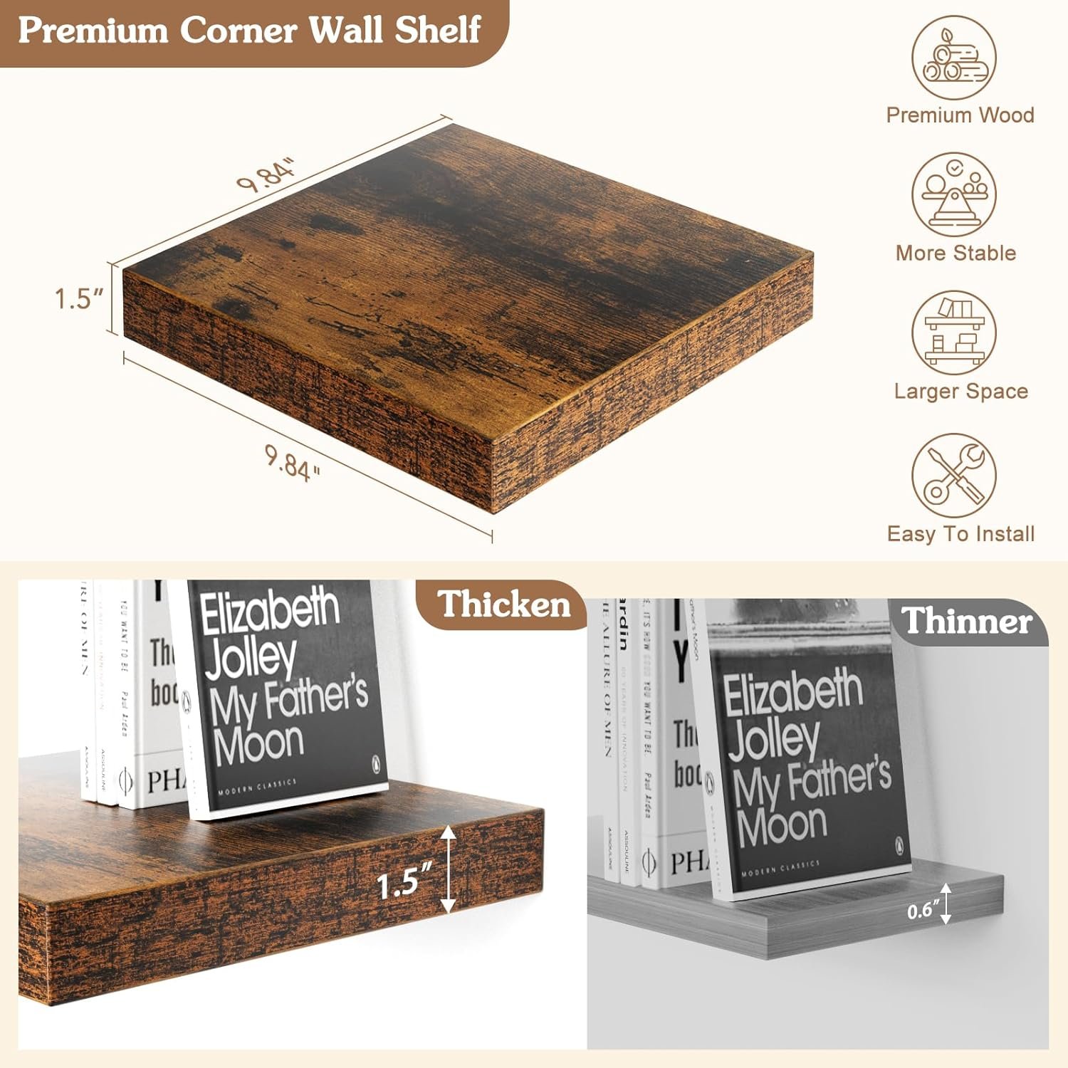 Olakee Corner Floating Shelf Set of 4, 9.84’’ Rustic Wood Wall Mounted Corner Shelf for Bathroom, Bedroom, Kitchen, Living Room, Farmhouse, Office-Heavy Duty Floating Shelves – Carbonized Black - Image 4