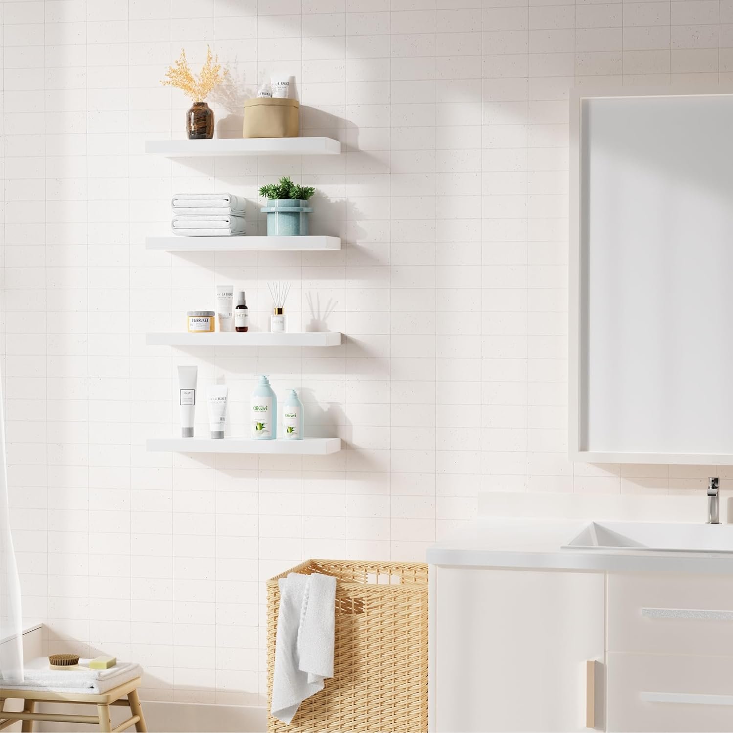 Bellsal Floating Shelves for Wall, White Engineered Wood Wall Shelf Set of 4, 16" Wall Mounted Floating Shelf for Kitchen, Living Room, Bedroom, Bathroom Storage, Book Shelf for Walls Home Decor - Image 5