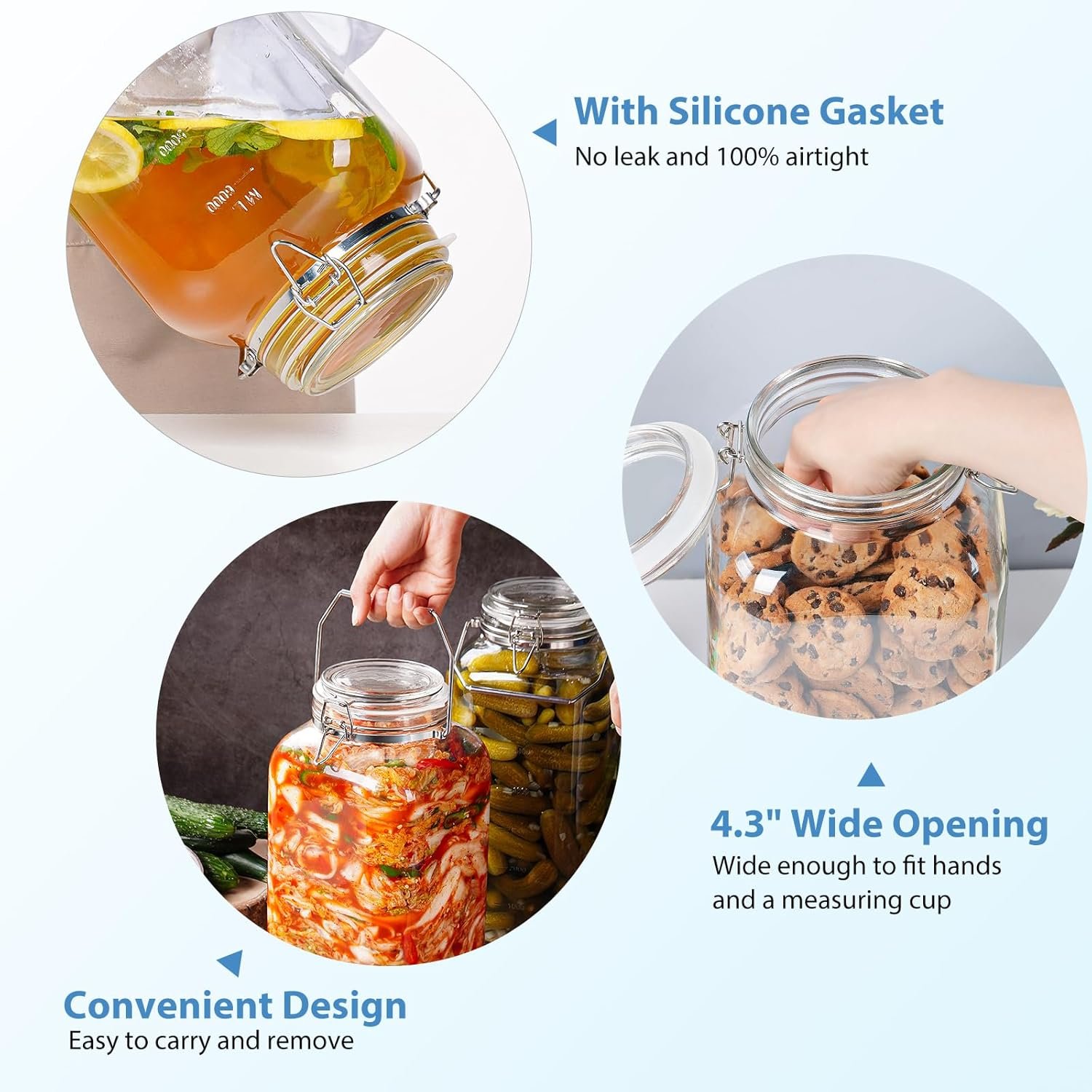 2 Gallon Glass Jar with Airtight Lid, 1 Pack Glass Storage Jars with Sturdy Stainless Steel Handle(256 FL Oz), Wide Mouth Jar, Flour Sugar Storage Containers for Rice, Cereals, Oats, Flour - Image 5